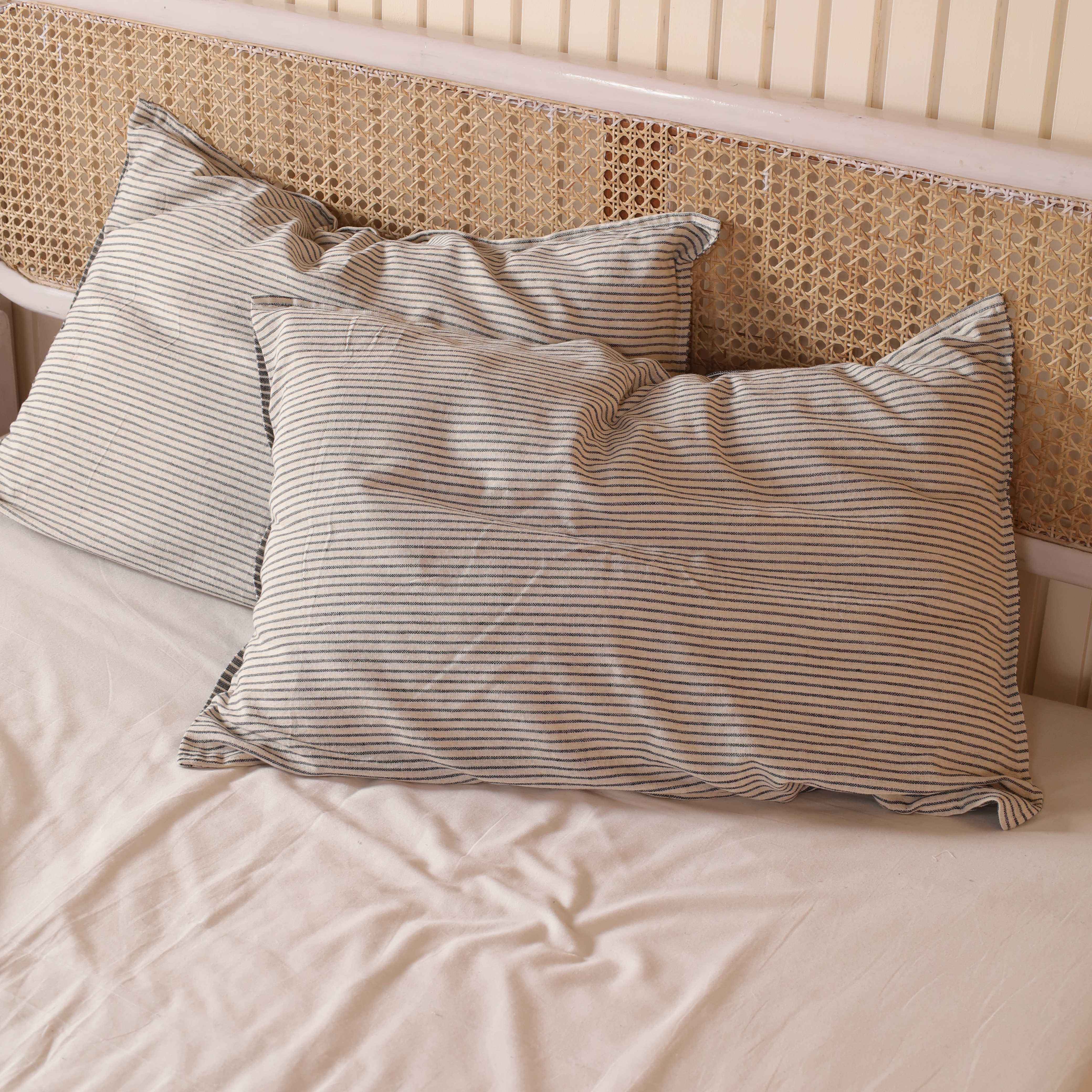 Beige Pinstripe Cotton Bedding Set - Earth Tone Boho Duvet Cover