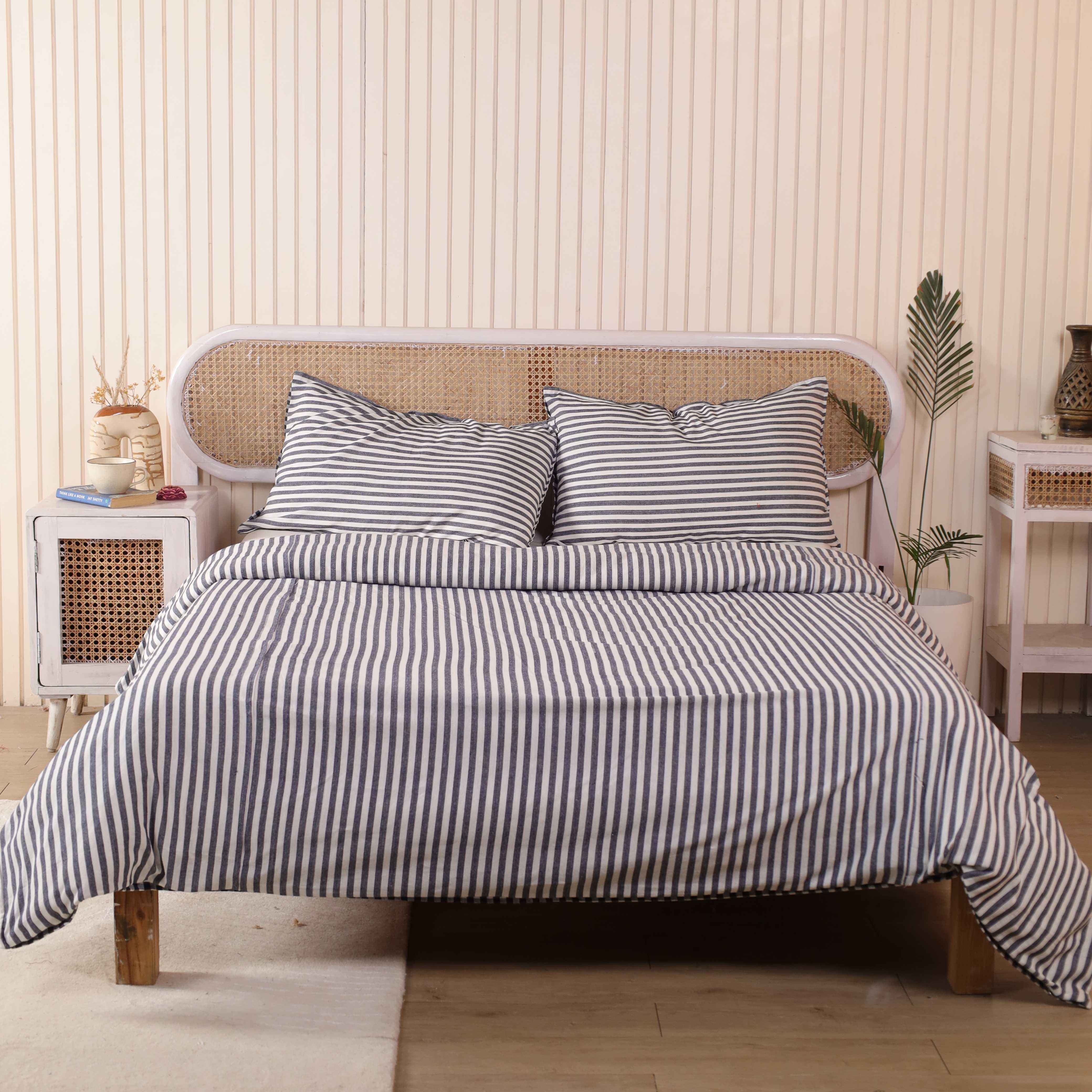 Blue Ticking Stripe Cotton Bedding Set - Coastal Nautical Duvet & Shams
