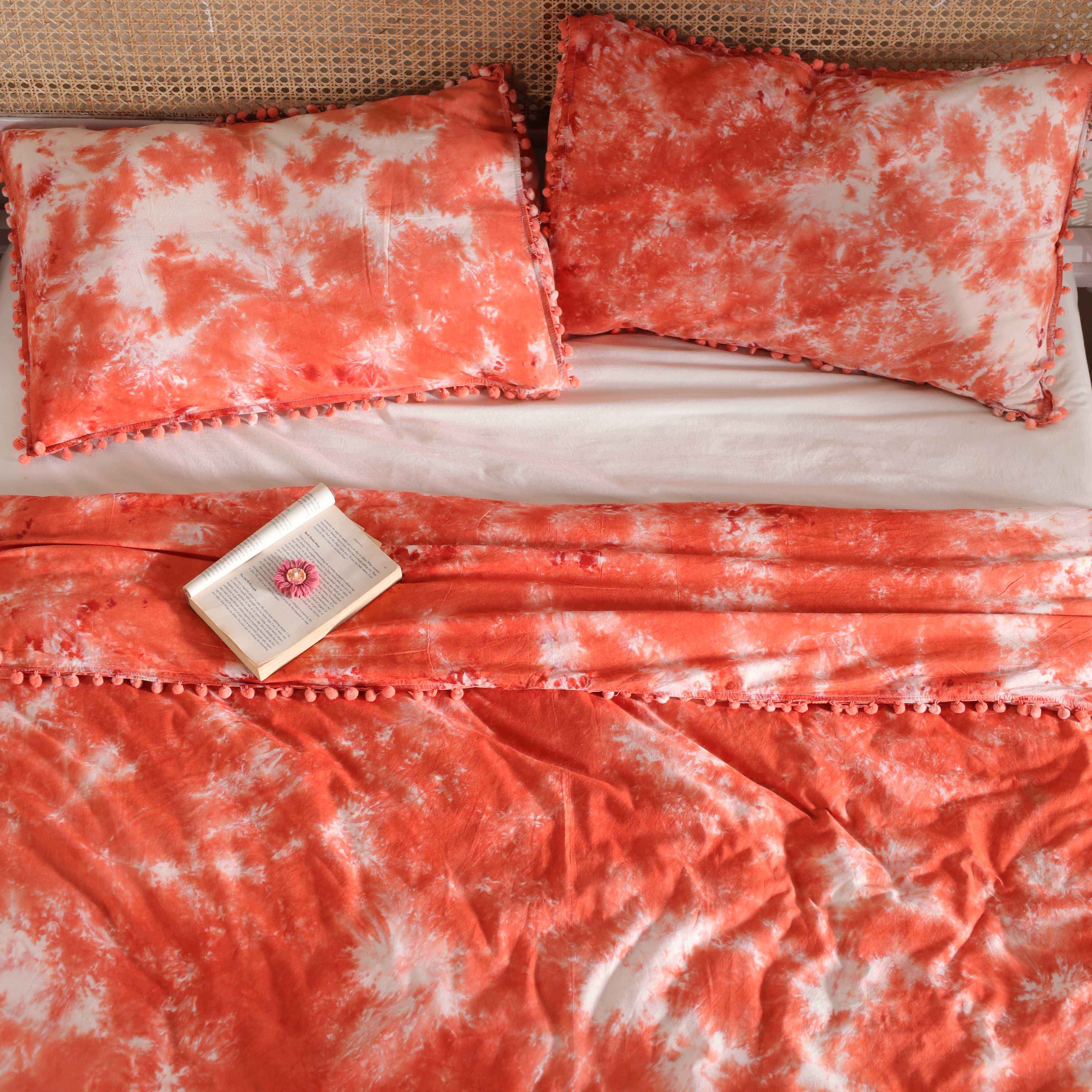 Orange Tie Dye Boho Duvet Cover Set - Cotton Comforter & Pillow Shams