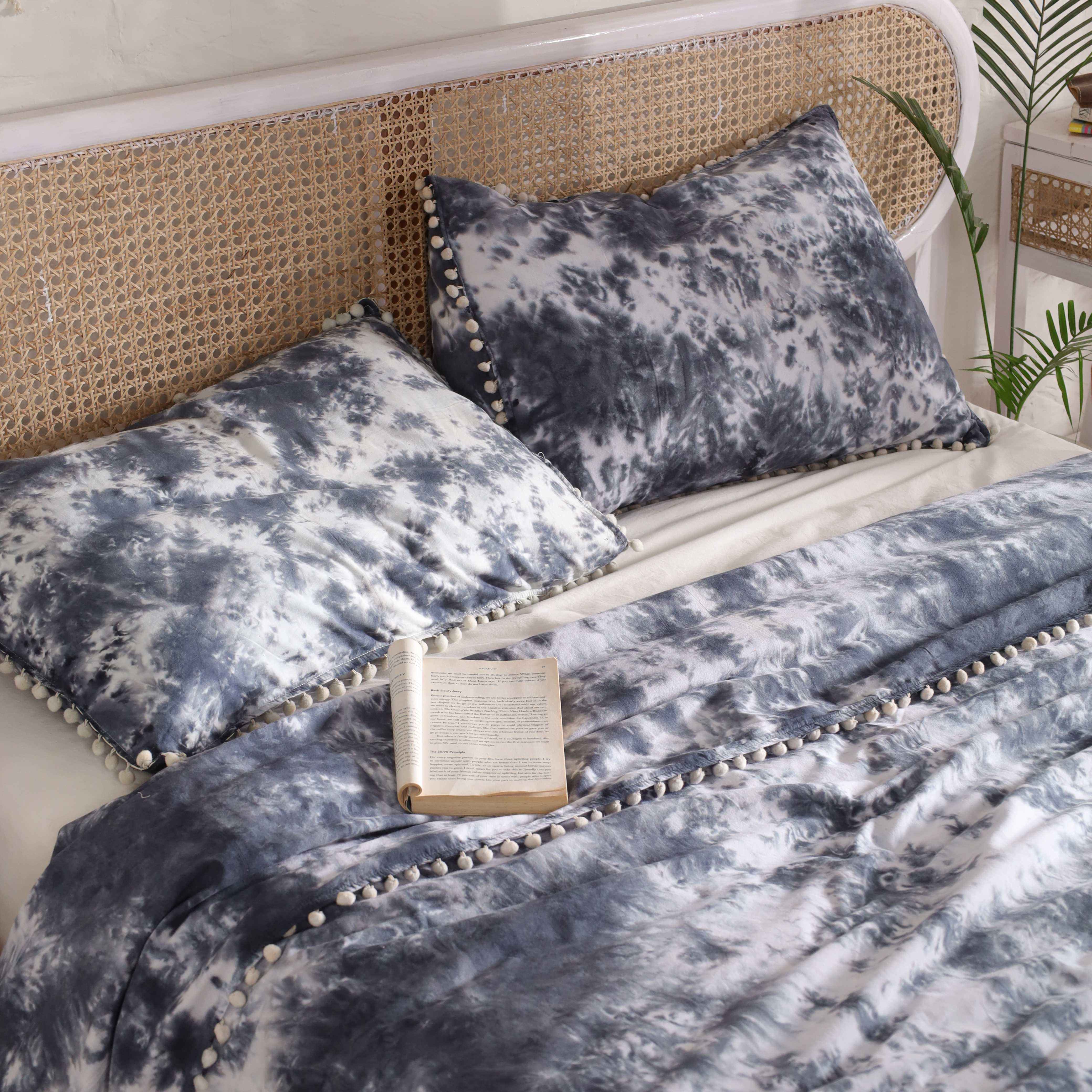 Blue Tie Dye Cotton Duvet Cover Set - 3pc Boho Pom Pom Fringe Bedding