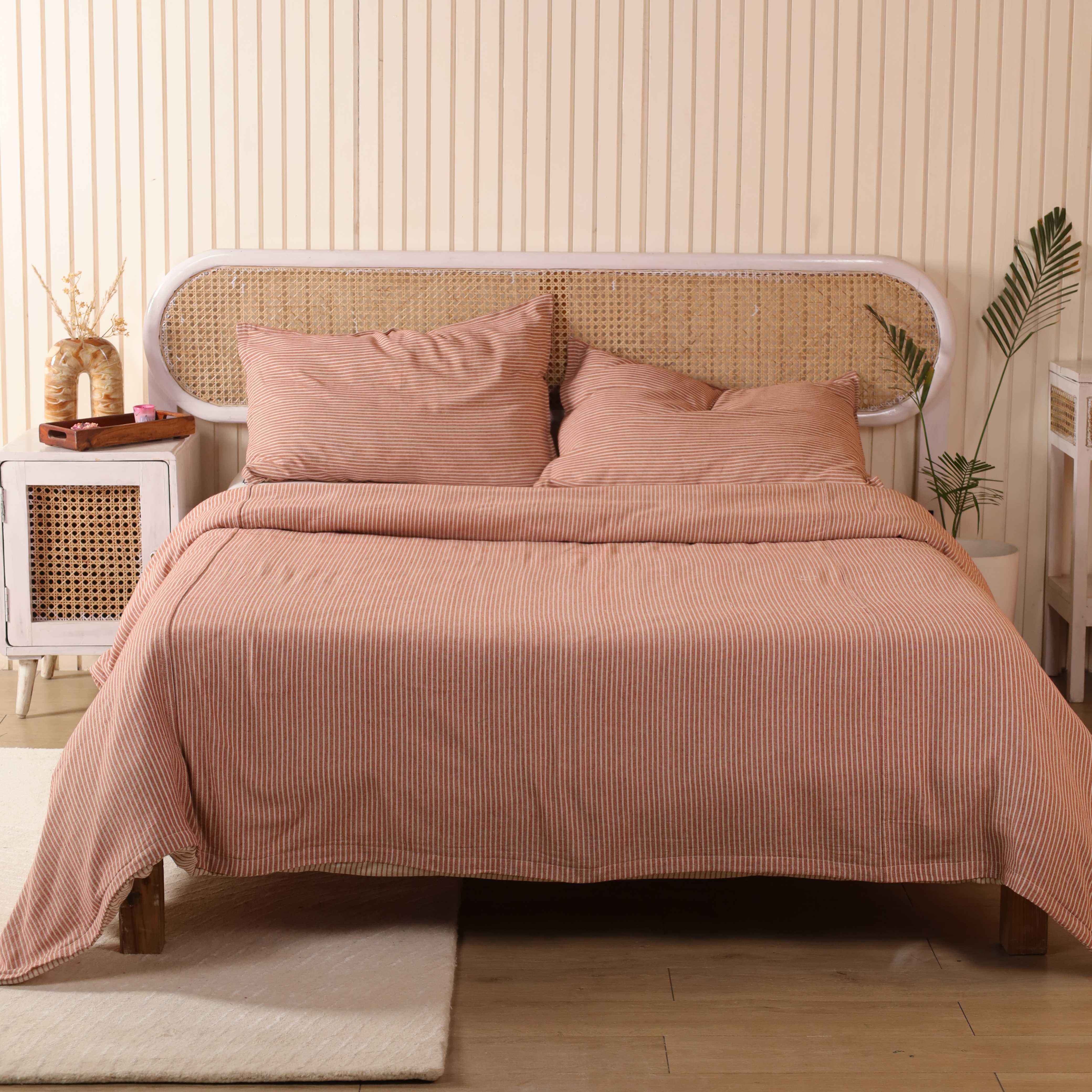 Terracotta Striped Boho Bedding Set - Cotton Duvet Cover & Shams