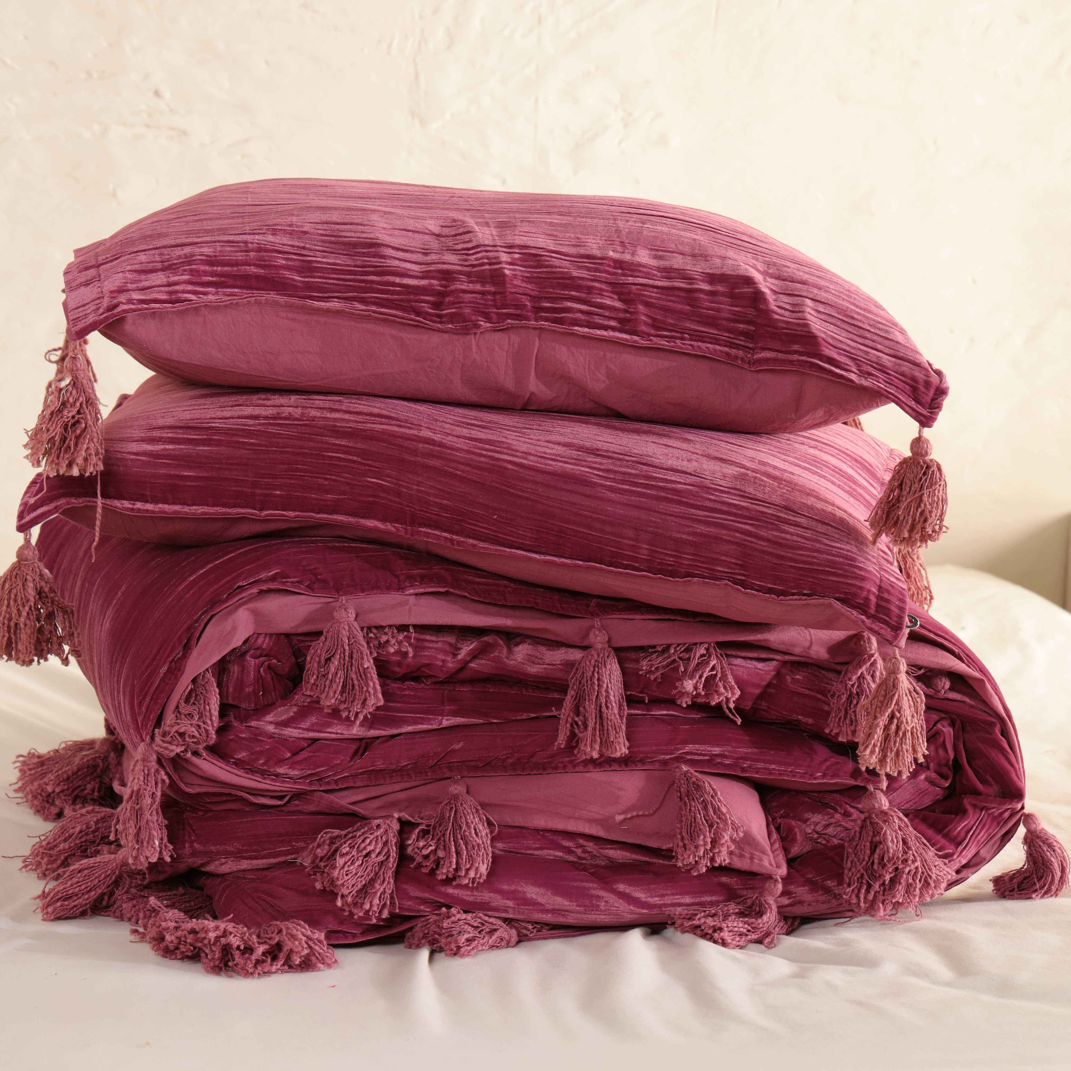 Velvet Duvet Cover Set - Luxury Magenta Plum Boho Bedding with Tassels - 3 Piece Soft Textured Bedding Set