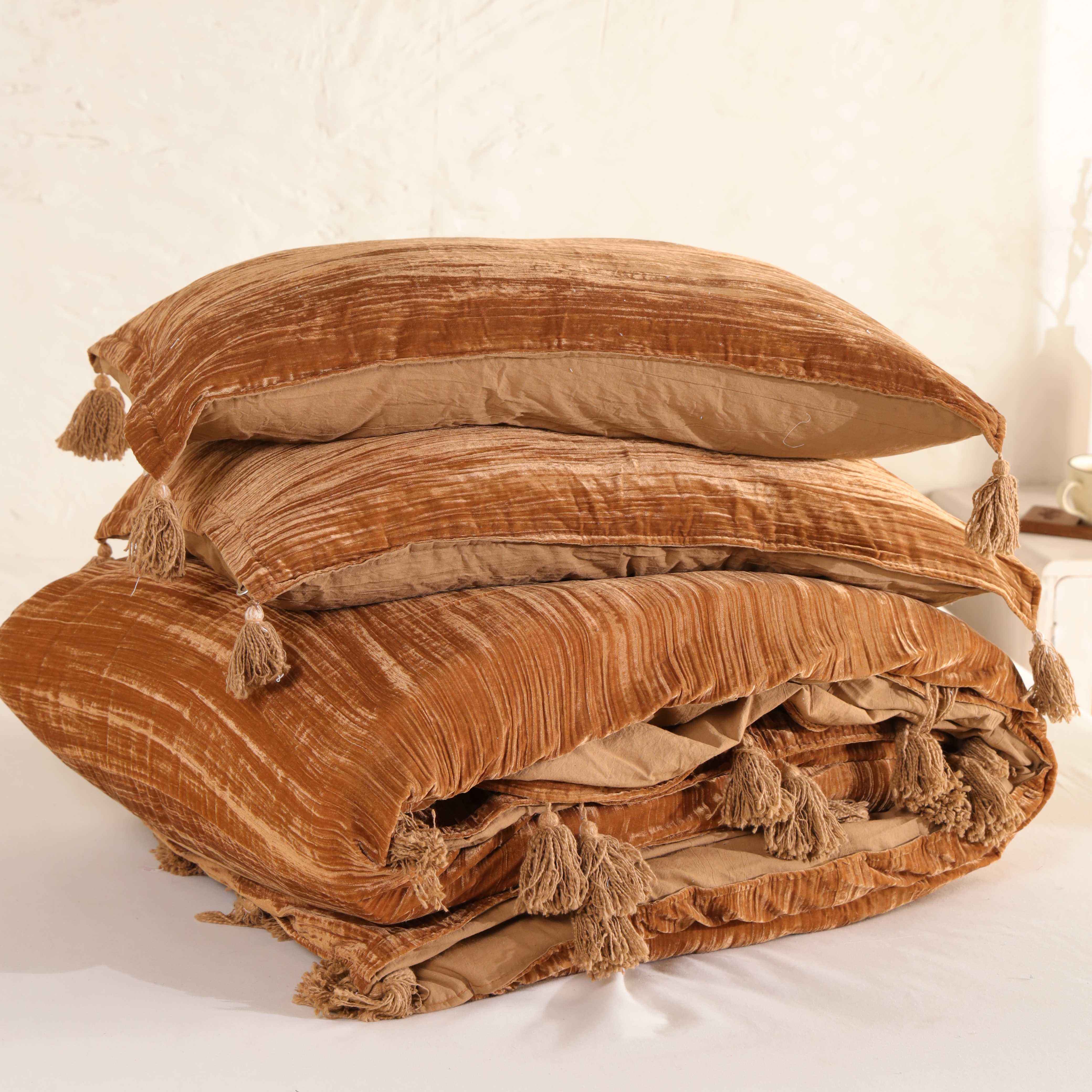 Velvet Duvet Cover Set - Luxury Burnt Orange Boho Bedding with Tassels - 3 Piece Soft Textured Bedding Set