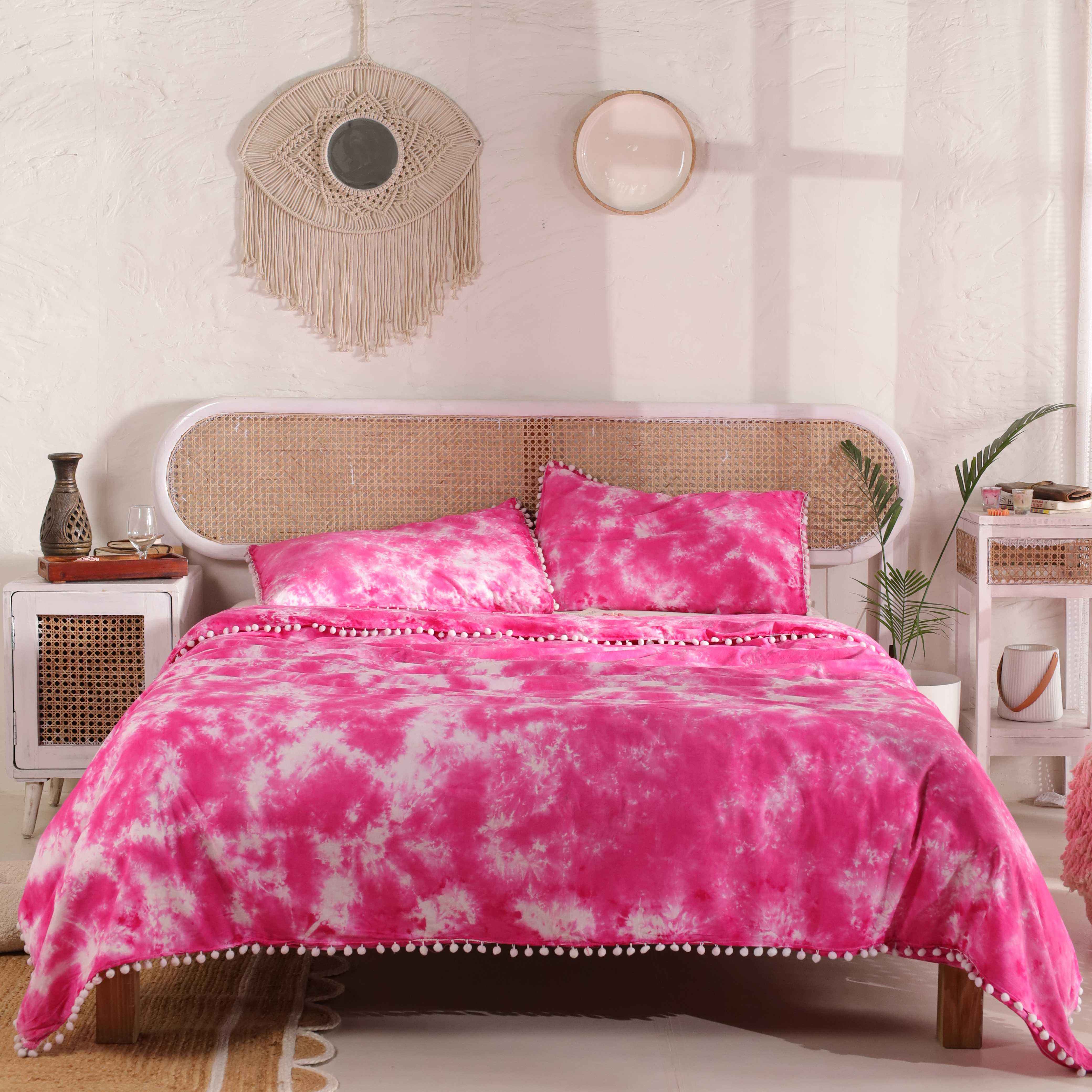 Pink Tie Dye Cotton Duvet Cover Set - Boho Pom-Pom Fringe Bedding - 3 Piece Soft Breathable Aesthetic Bedding