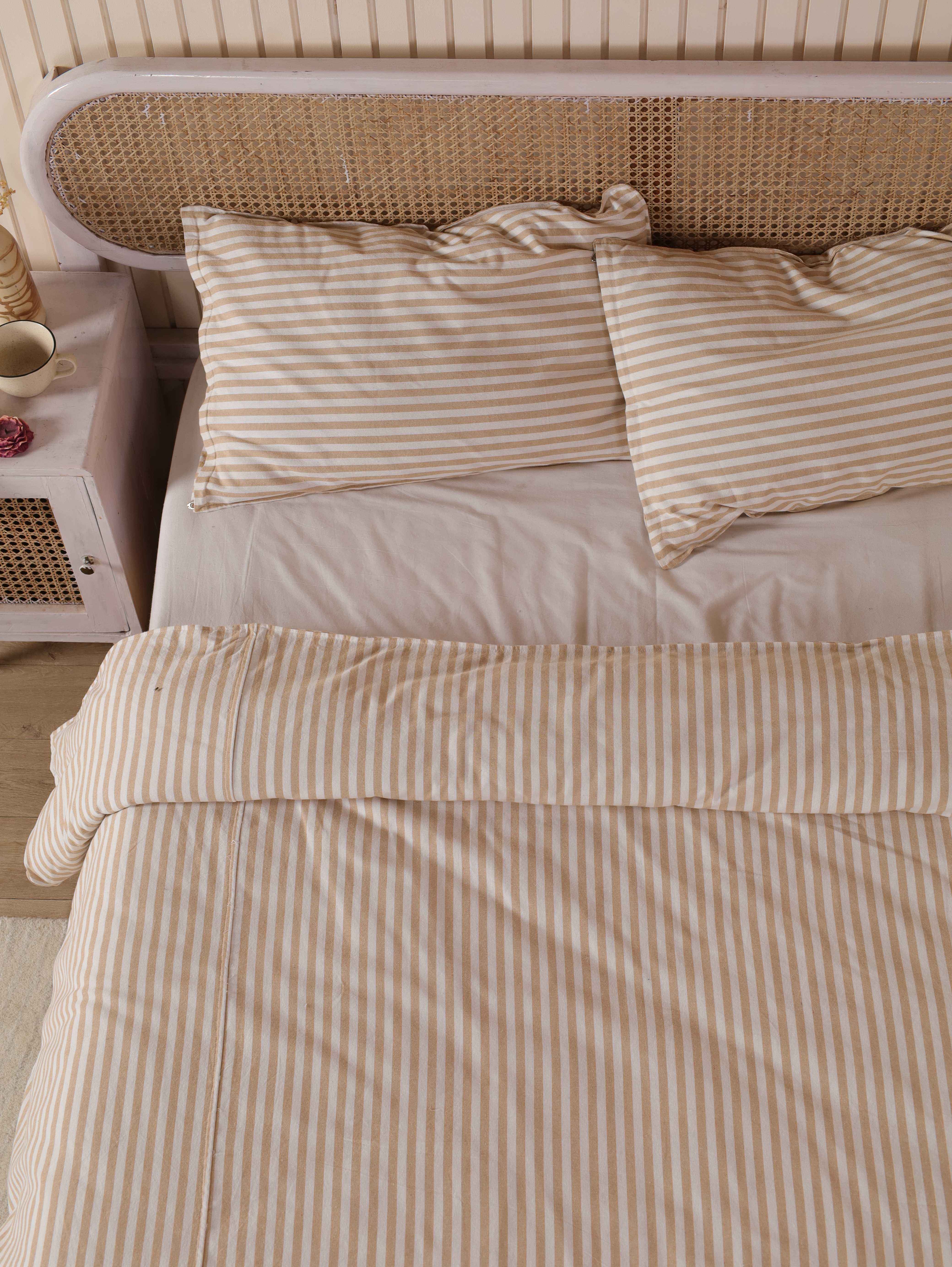 Tan Bold Stripe Cotton Duvet Set - Warm Neutral Striped Bedding