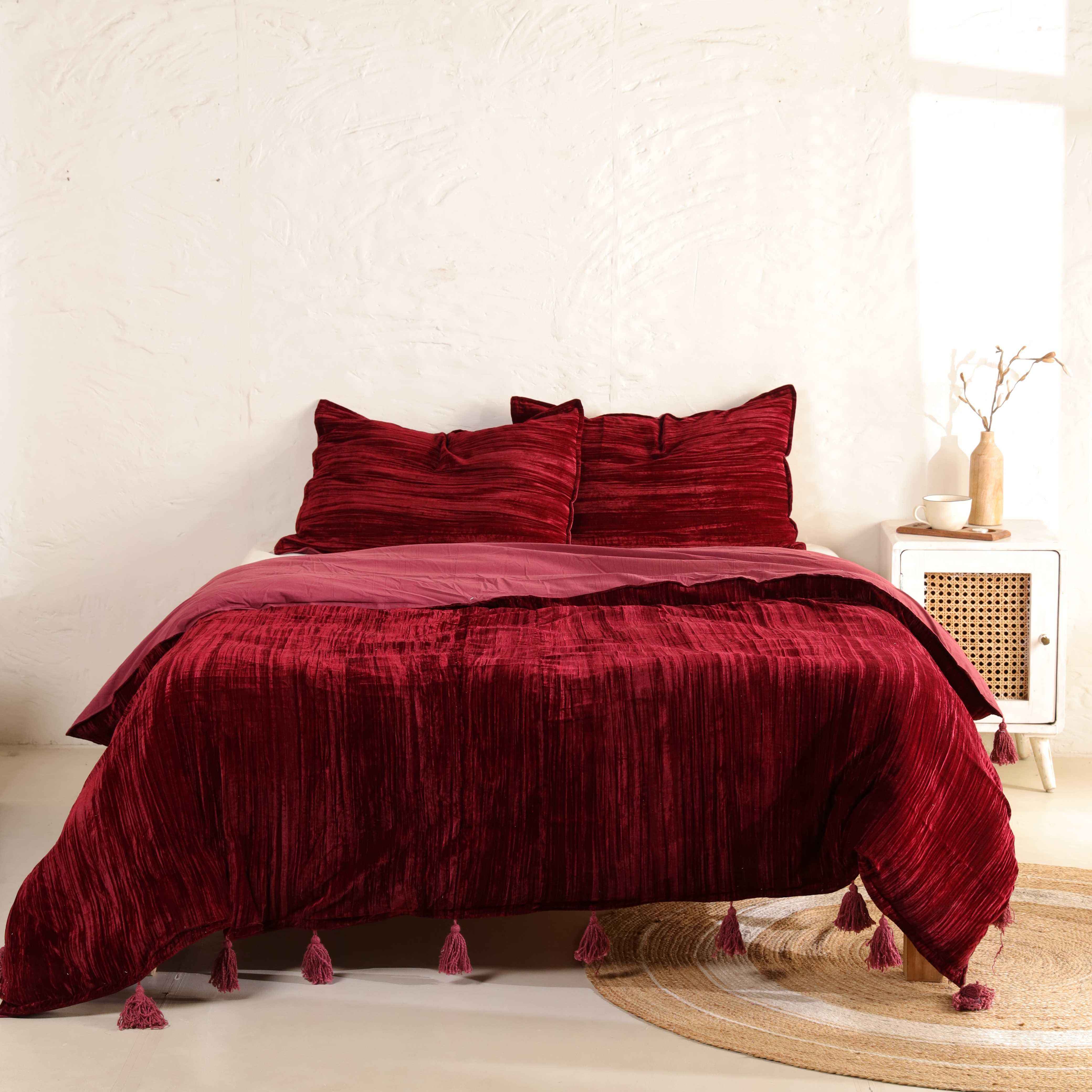 Velvet Duvet Cover Set - Luxury Burgundy Red Boho Bedding with Tassels - 3 Piece Soft Textured Bedding Set