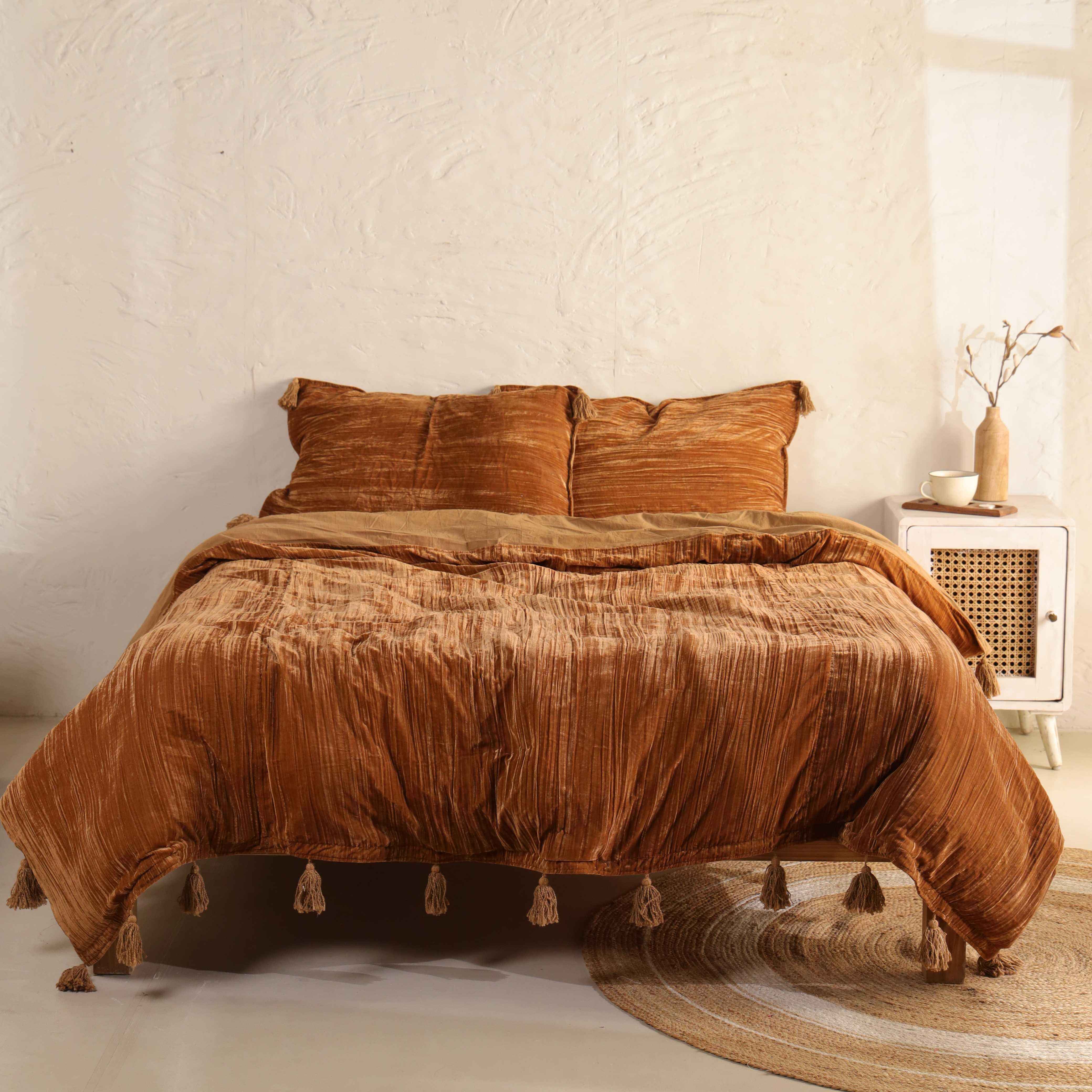 Velvet Duvet Cover Set - Luxury Burnt Orange Boho Bedding with Tassels - 3 Piece Soft Textured Bedding Set