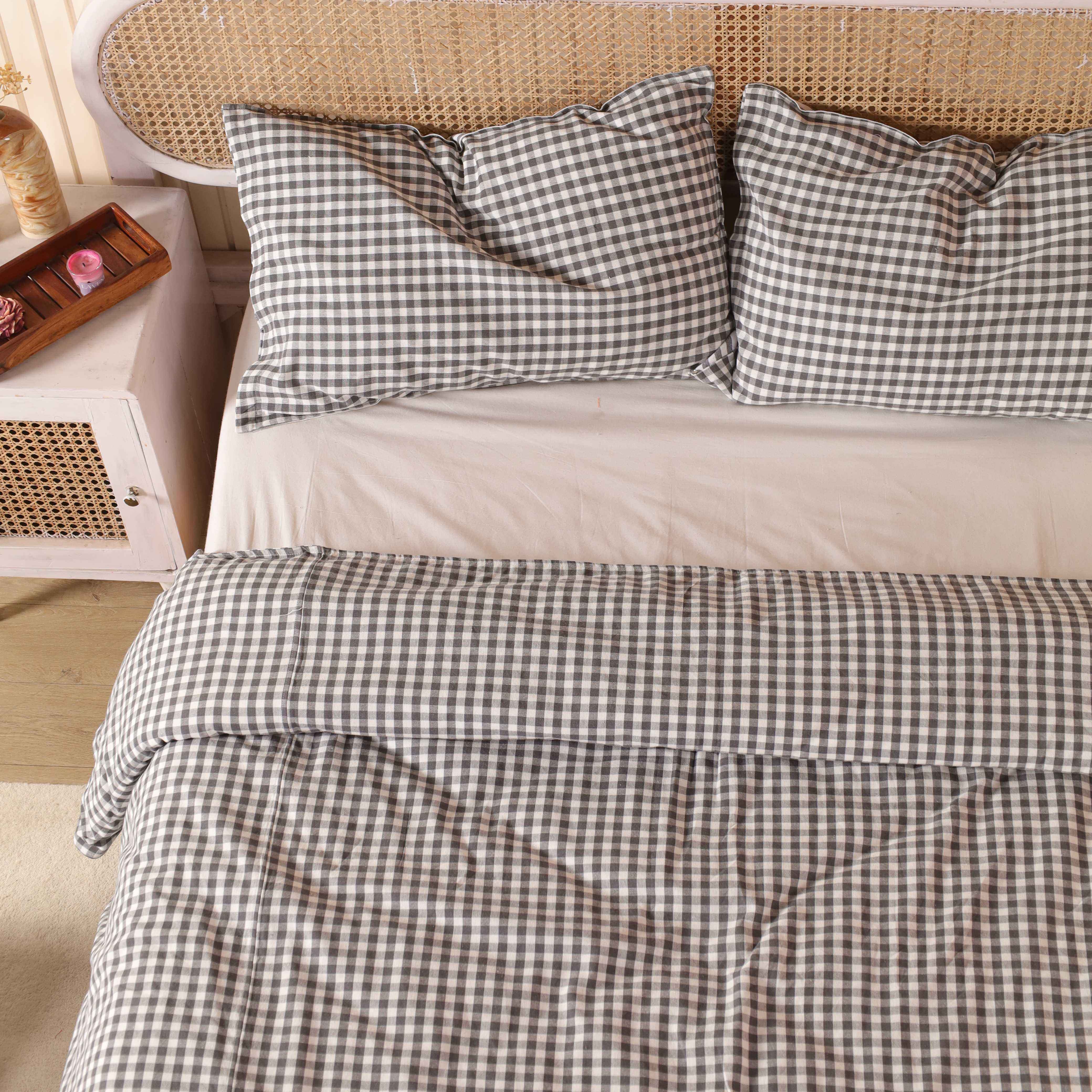 Charcoal Grey Gingham Cotton Bedding Set - Checkered Boho Duvet Cover