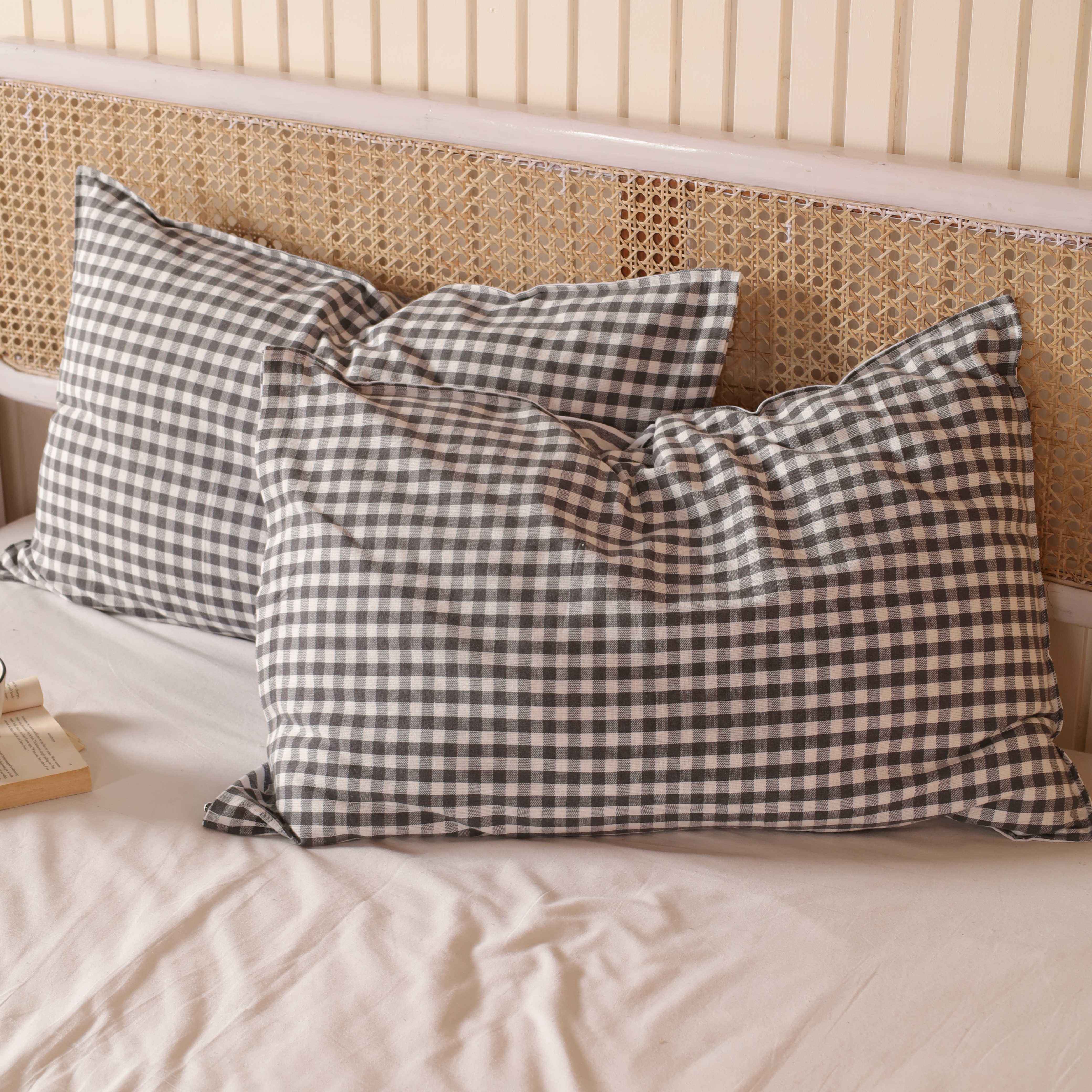 Charcoal Grey Gingham Cotton Bedding Set - Checkered Boho Duvet Cover