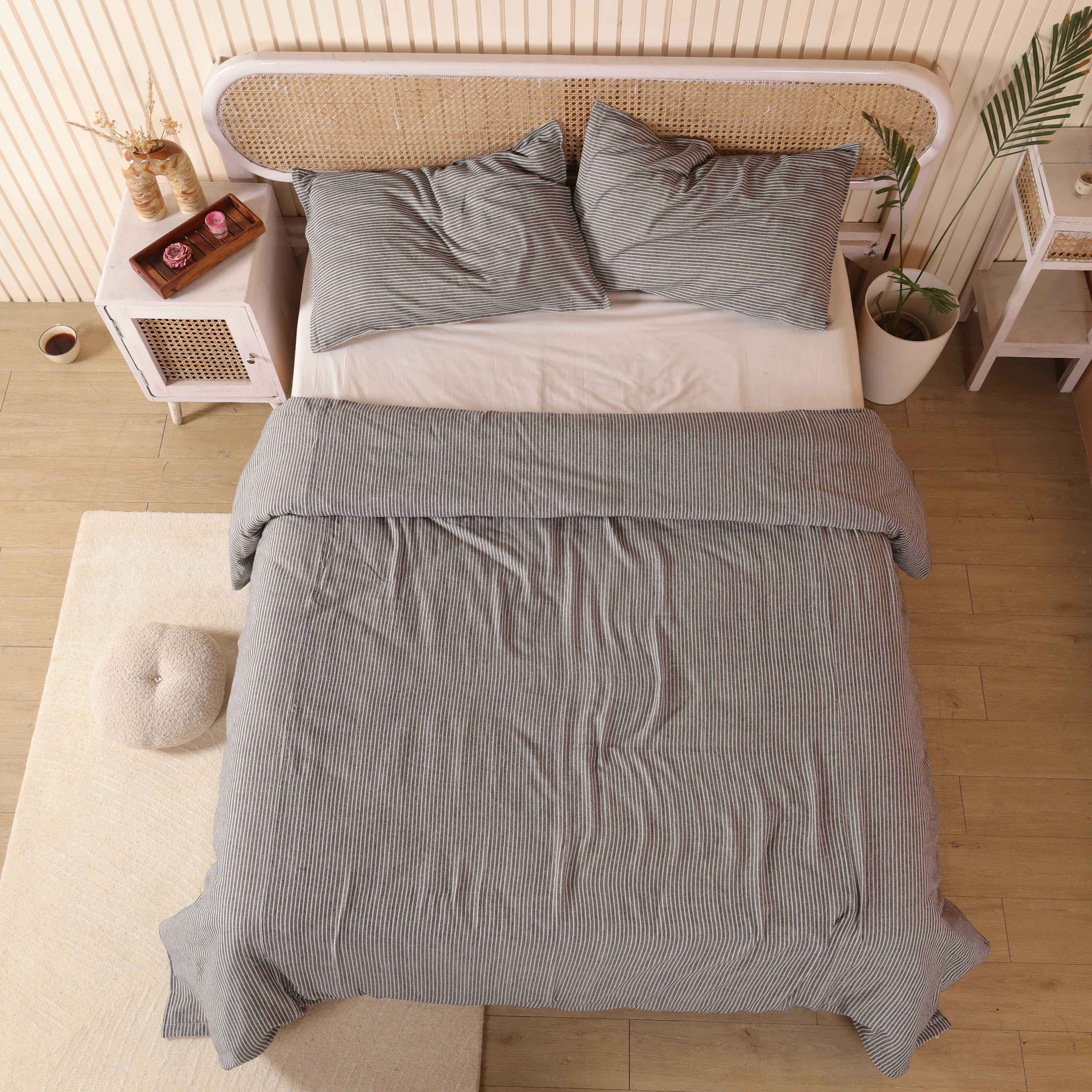 Charcoal Grey Pinstripe Cotton Duvet Set - Modern Boho Bedding