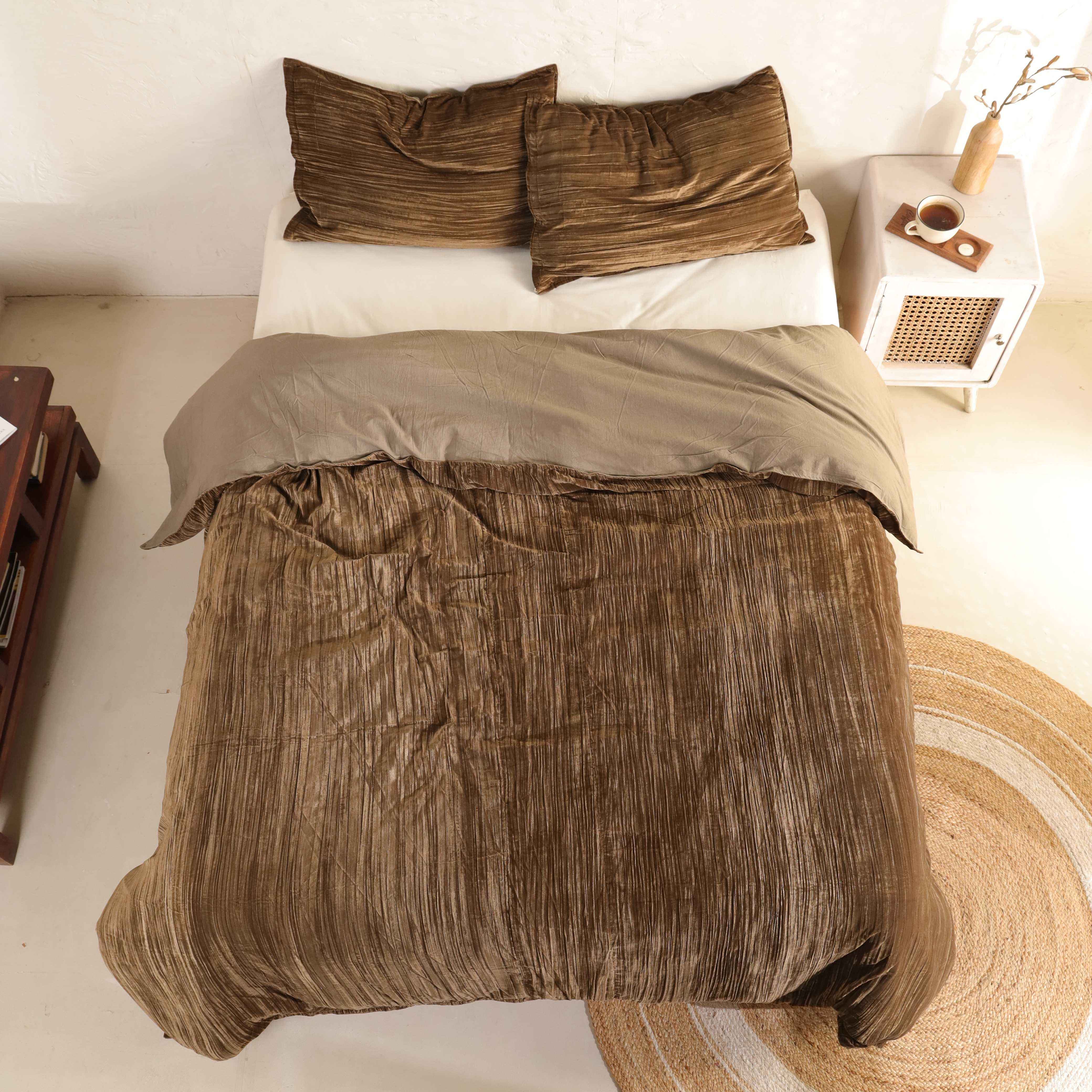 Velvet Duvet Cover Set - Luxury Olive Brown Bedding - 3 Piece Soft Textured Minimalist Bedding Set