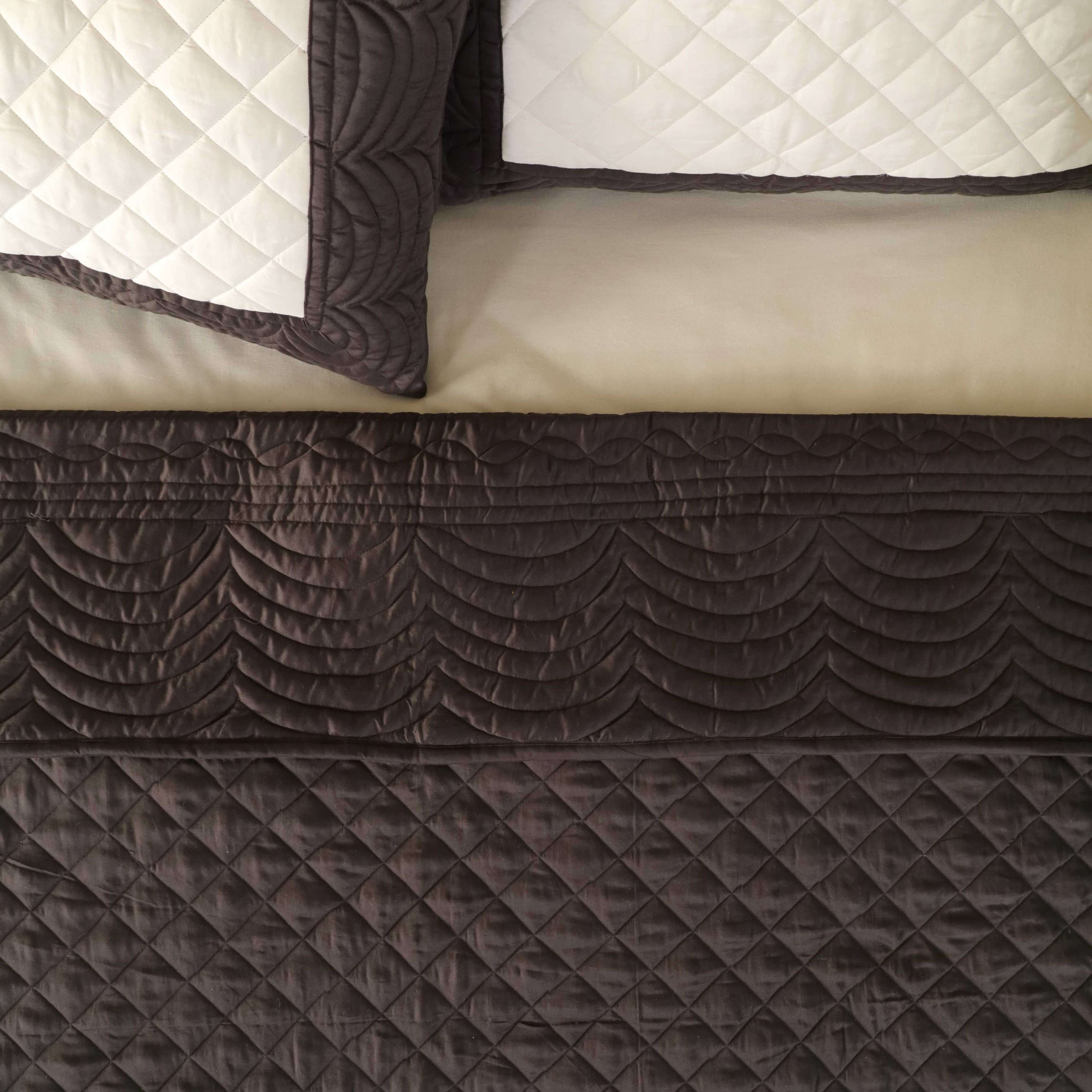 Close-up of the scalloped and diamond quilting on the chocolate brown satin fabric.