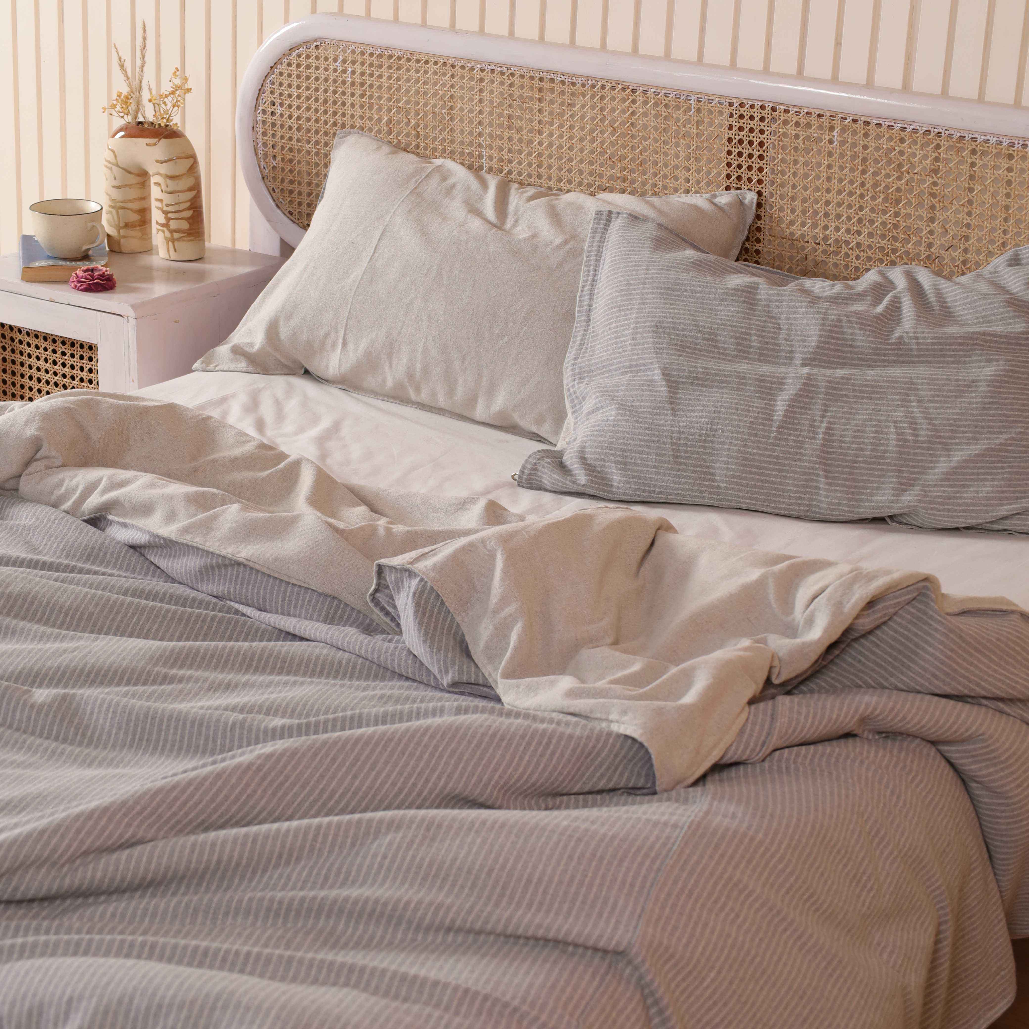 Cotton Reversible Pinstripe & Solid Duvet Cover Set - Luxury Grey & Sand Neutral Bedding