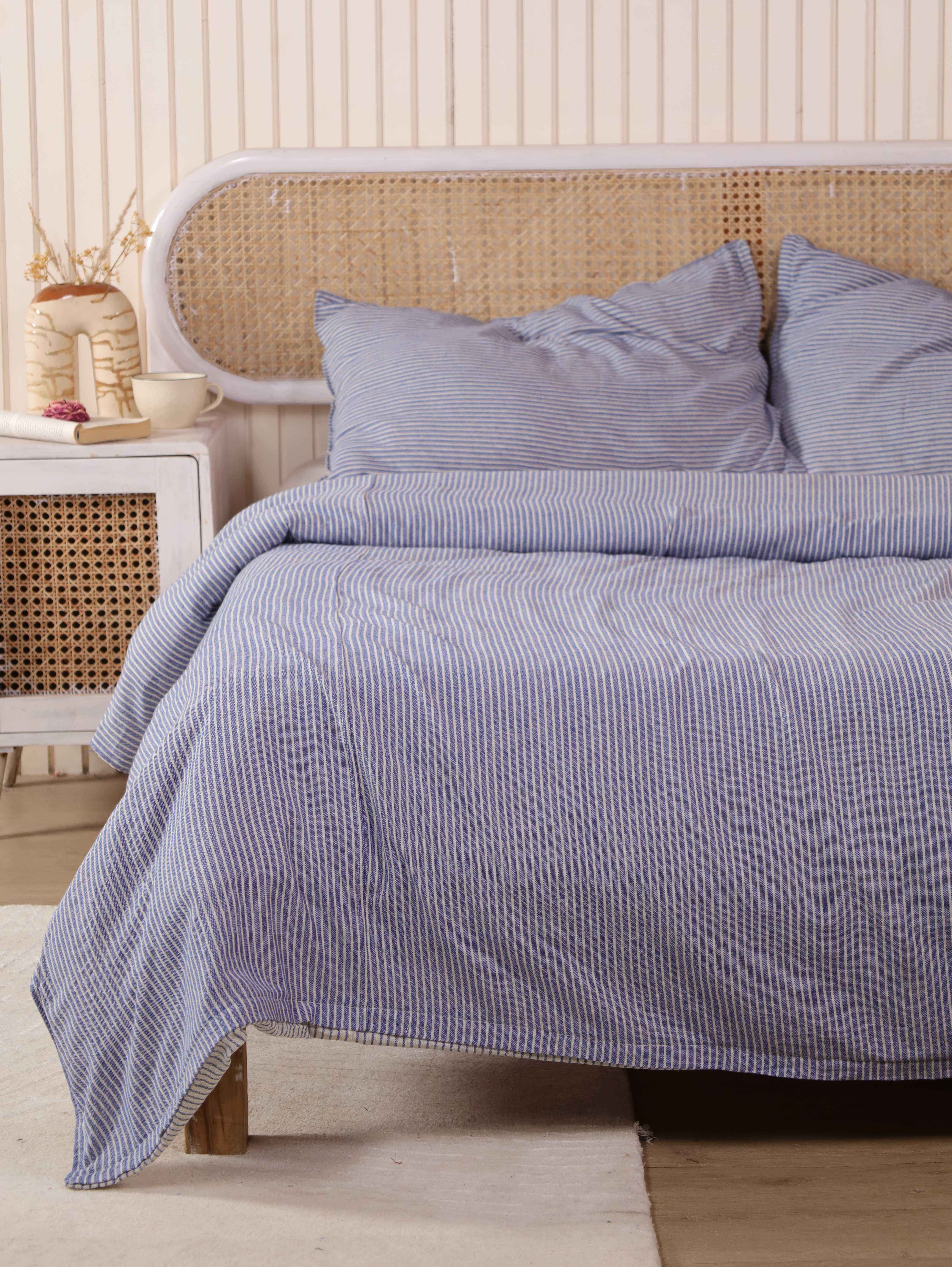 Blue Pinstripe Cotton Duvet Cover Set - Striped Coastal Bedding