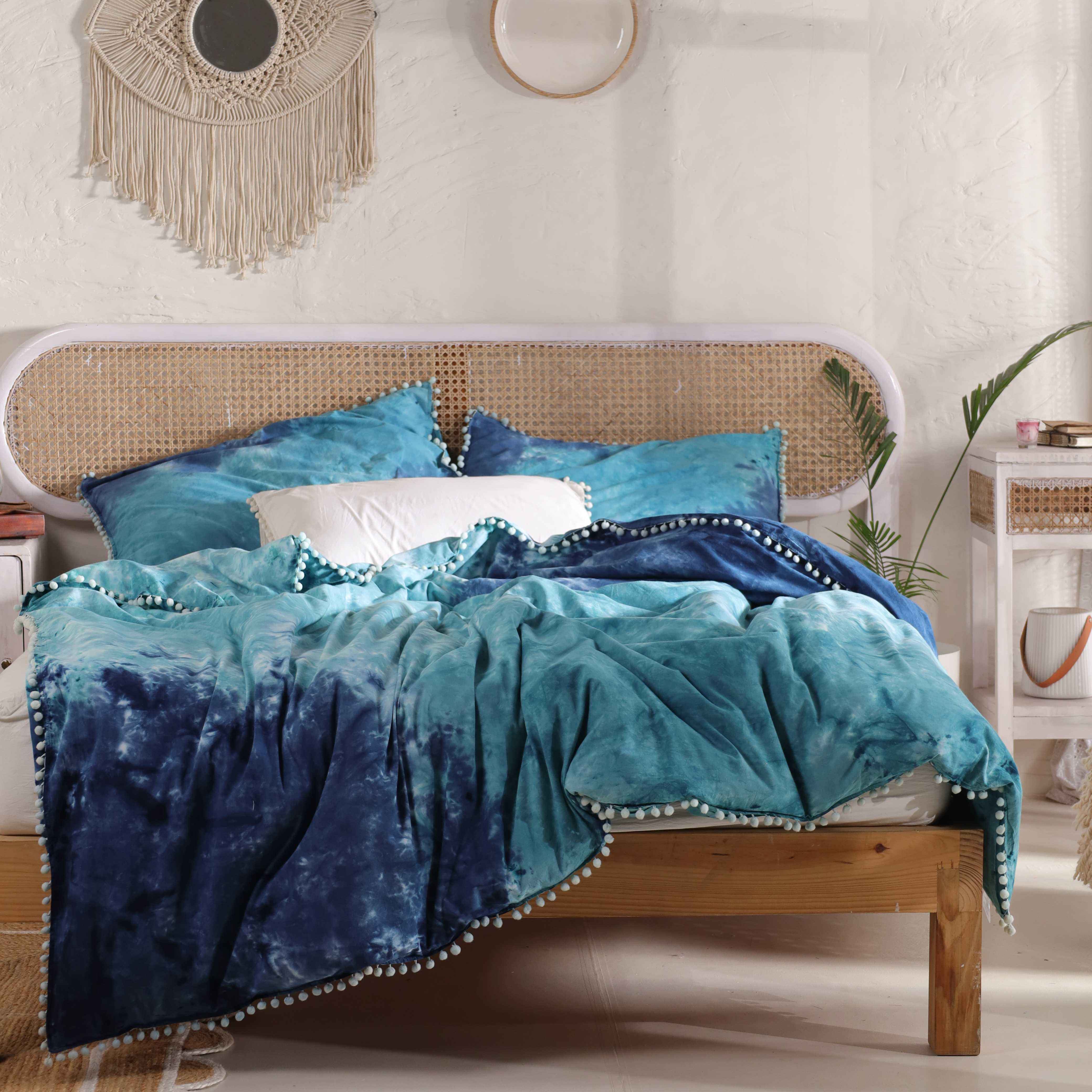 Aqua Teal Tie Dye Bedding Set - Coastal Cotton Duvet with Pom Poms