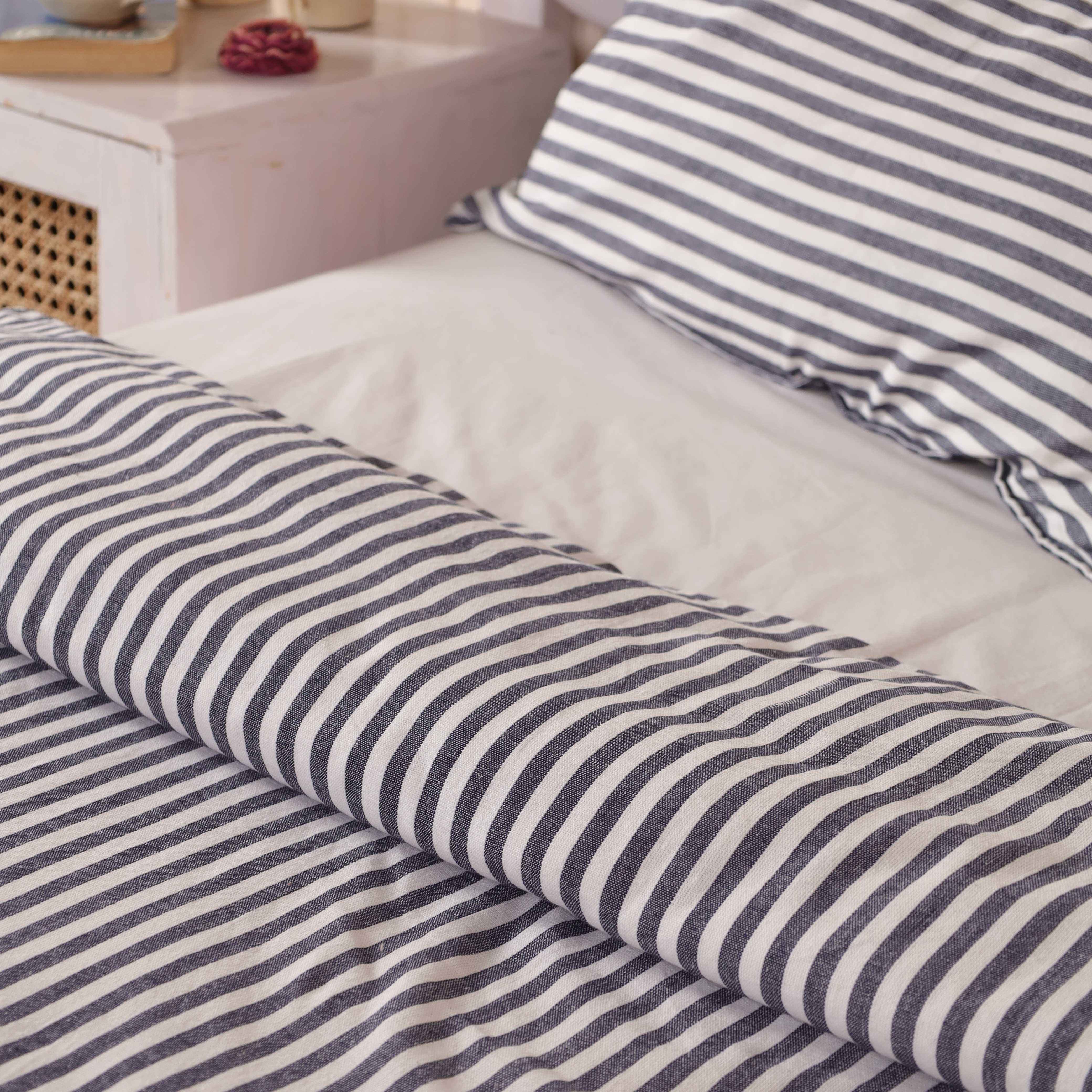 Blue Ticking Stripe Cotton Bedding Set - Coastal Nautical Duvet & Shams