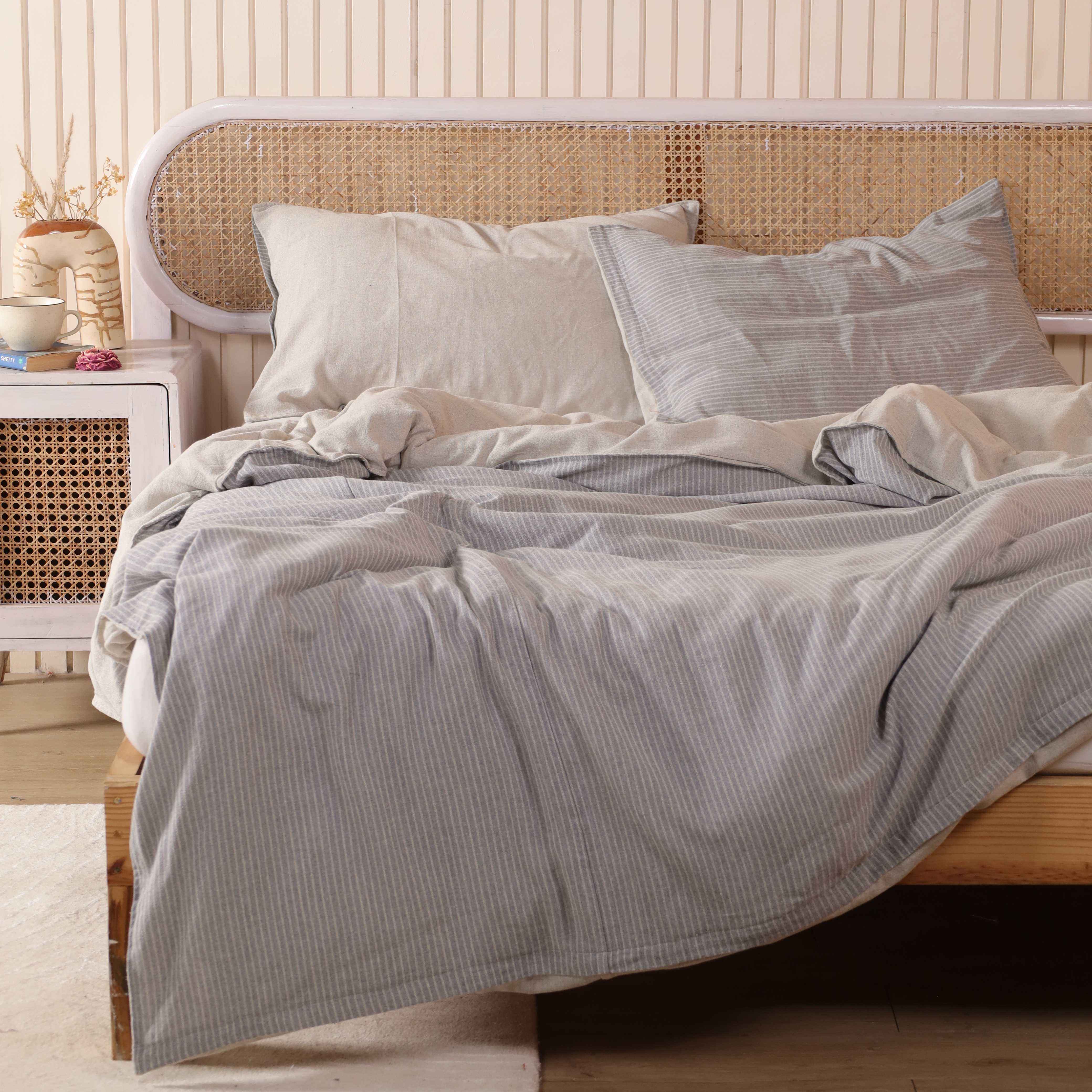 Cotton Reversible Pinstripe & Solid Duvet Cover Set - Luxury Grey & Sand Neutral Bedding