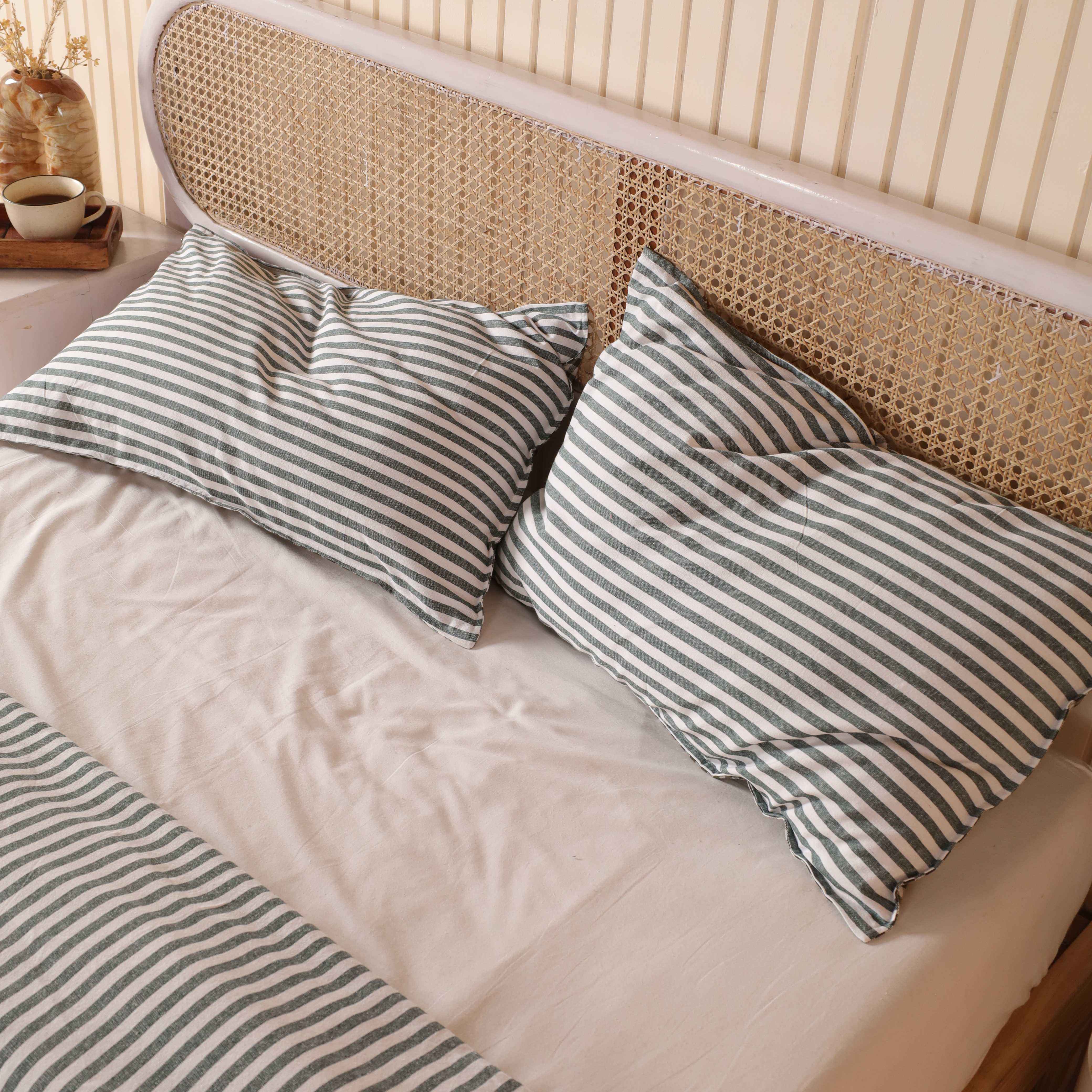 Sage Green Striped Cotton Bedding Set - Boho Duvet Cover & Shams