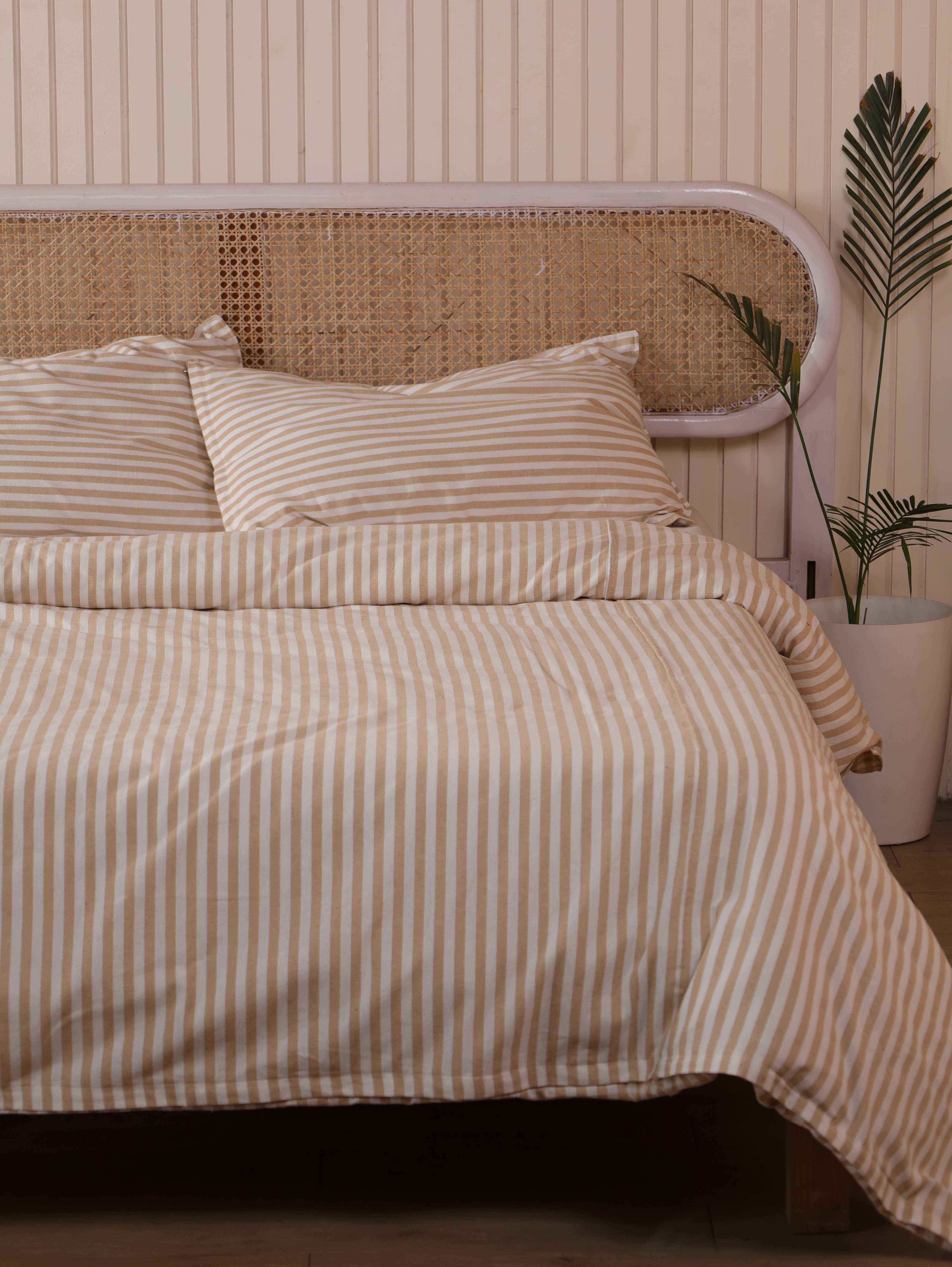 Cotton Striped Duvet Cover Set - Luxury Tan & White Neutral Bedding for Minimalist Bedroom Decor