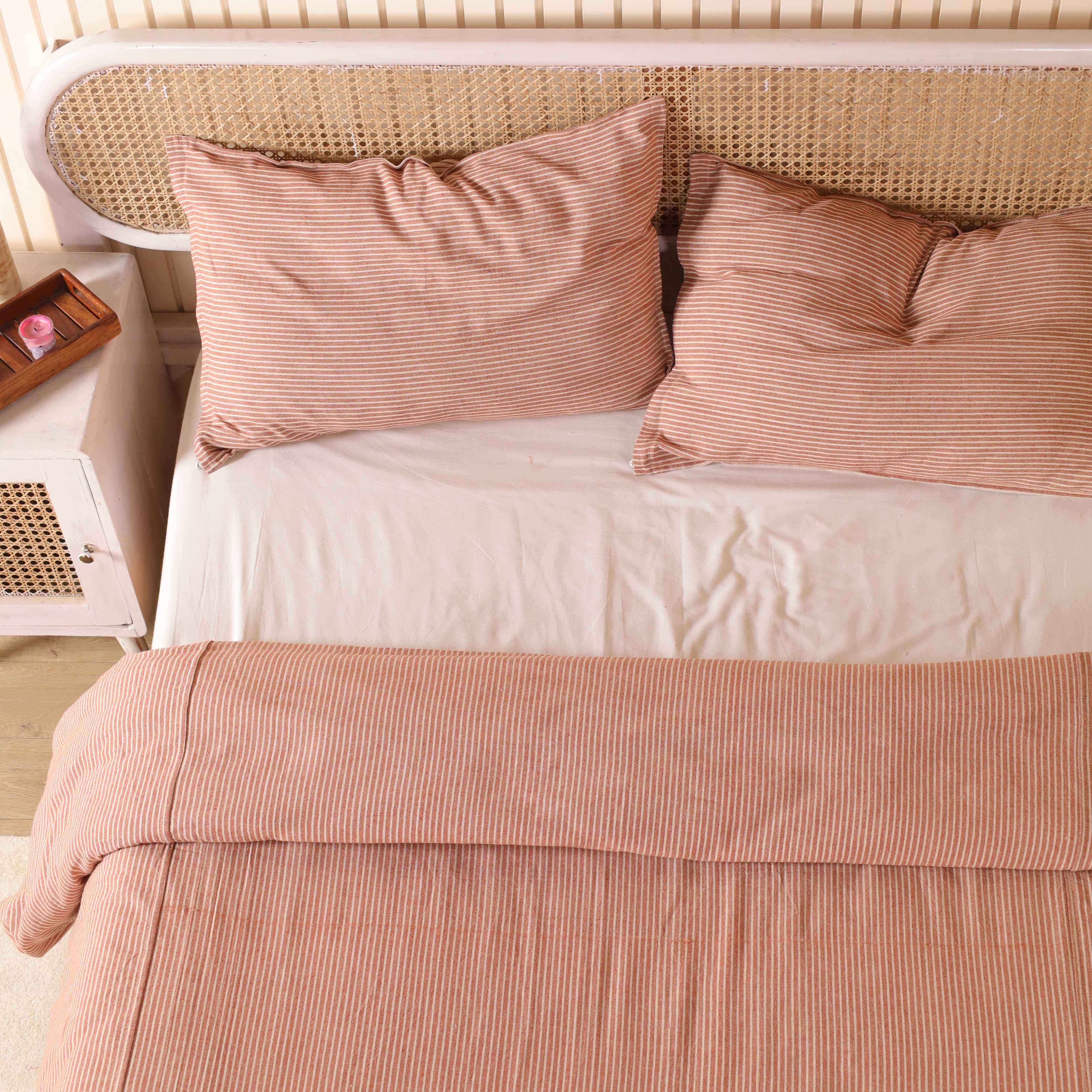 Terracotta Striped Boho Bedding Set - Cotton Duvet Cover & Shams
