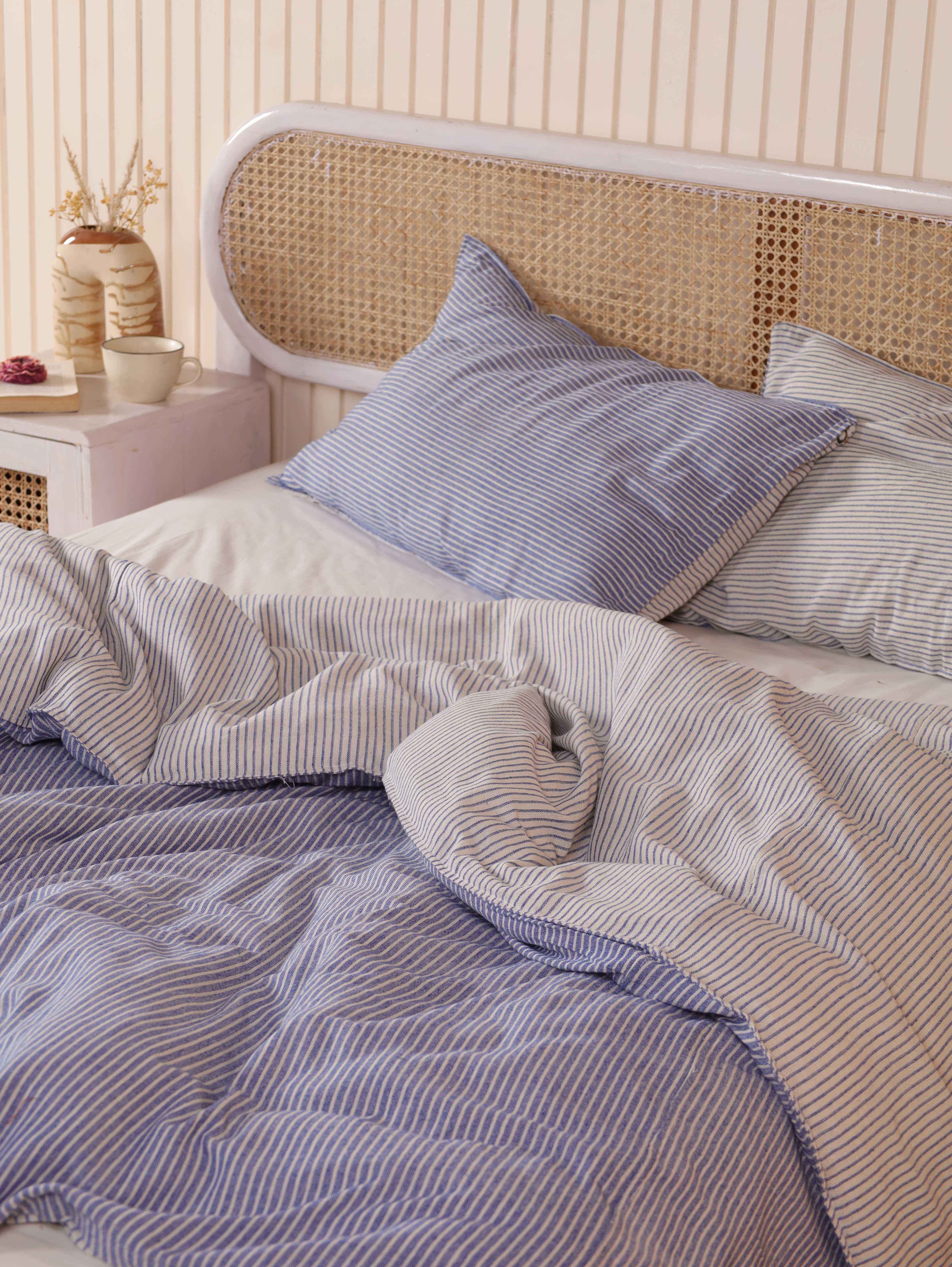 Reversible Blue Pinstripe Duvet Cover Set - Cotton Coastal Bedding