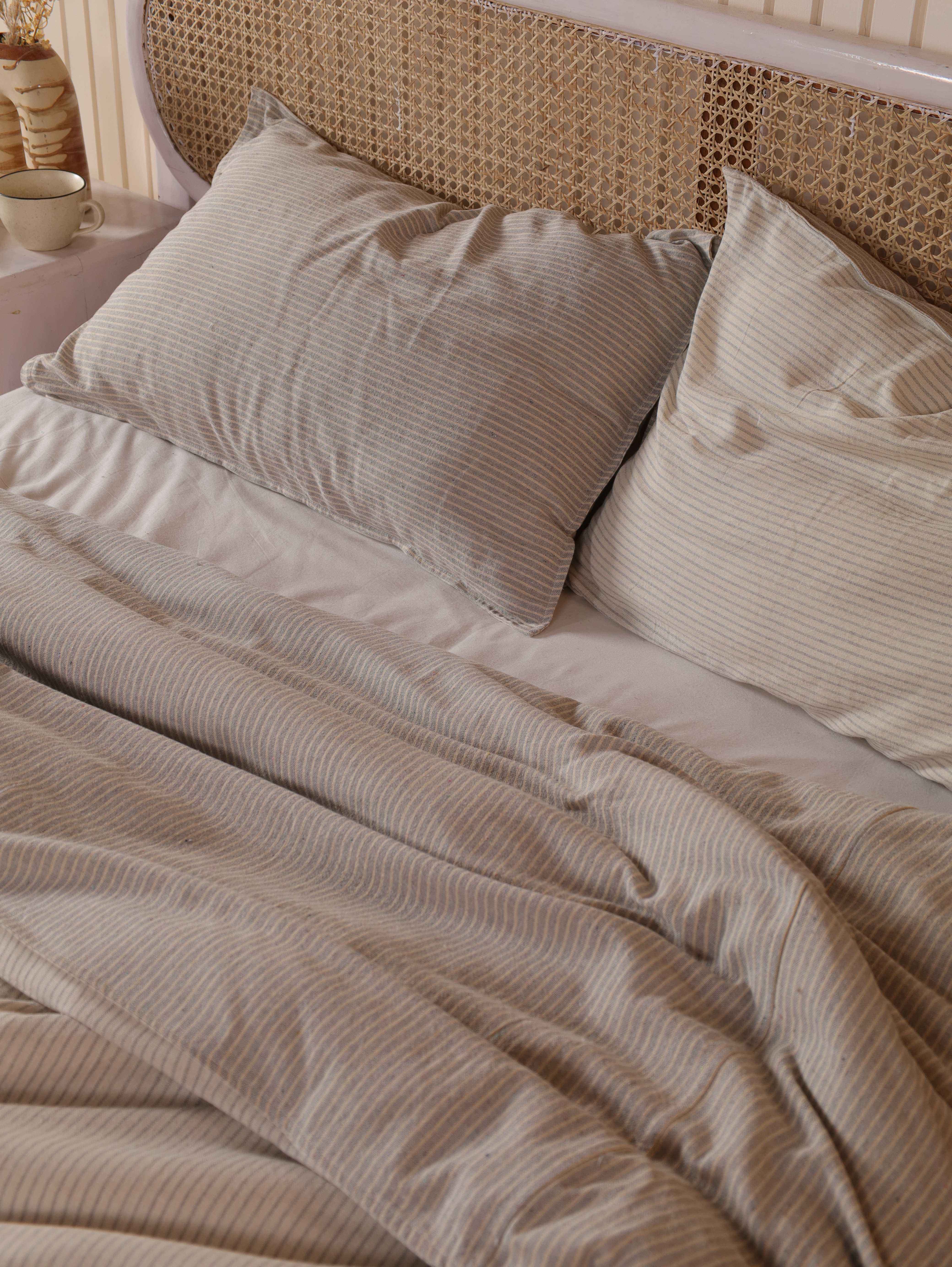 Taupe Pinstripe Cotton Duvet Cover Set - Reversible Earthy Bedding