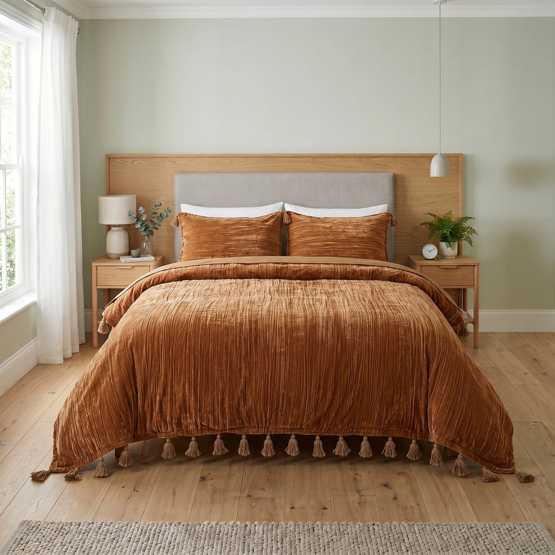 Velvet Duvet Cover Set - Luxury Burnt Orange Boho Bedding with Tassels - 3 Piece Soft Textured Bedding Set