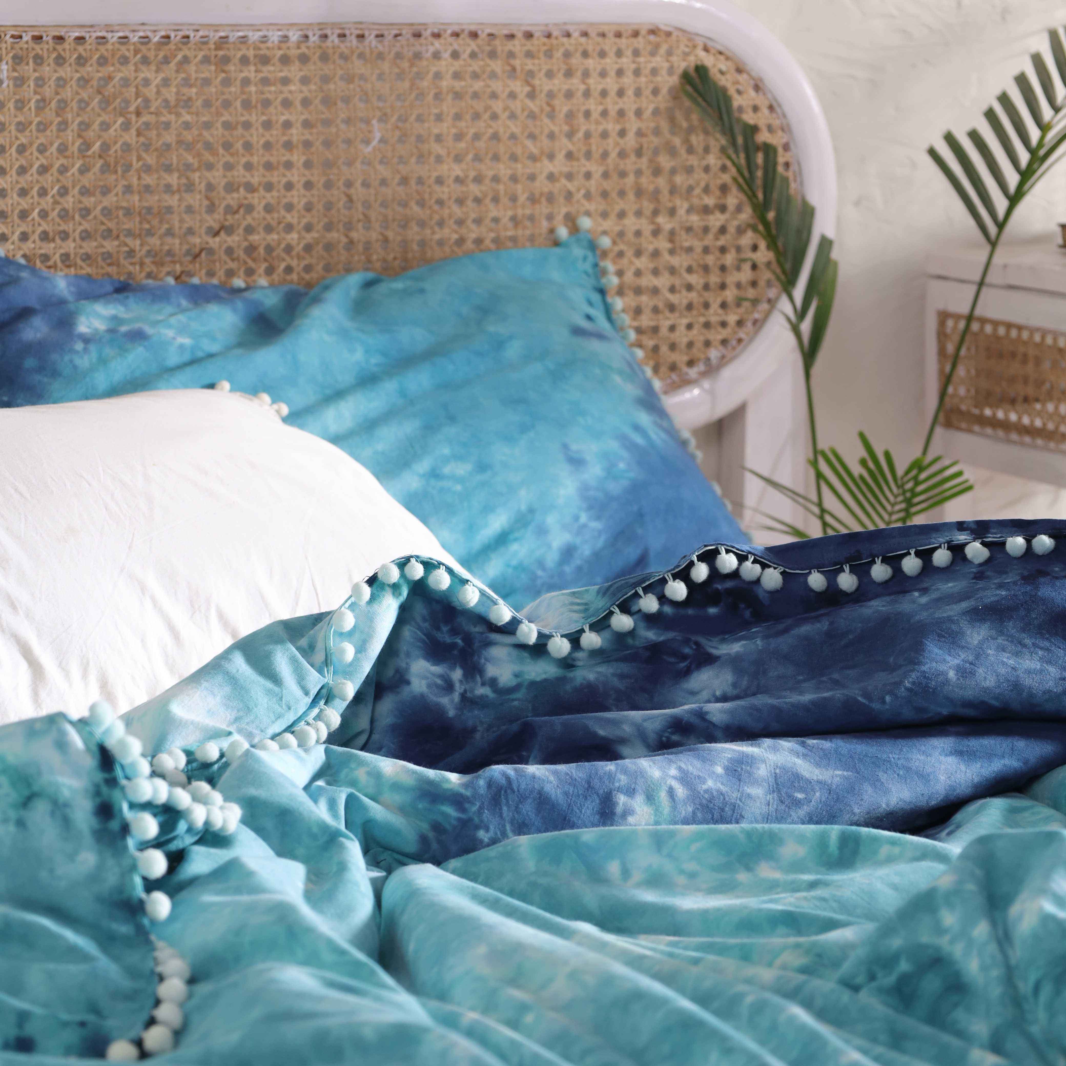 Aqua Teal Tie Dye Bedding Set - Coastal Cotton Duvet with Pom Poms