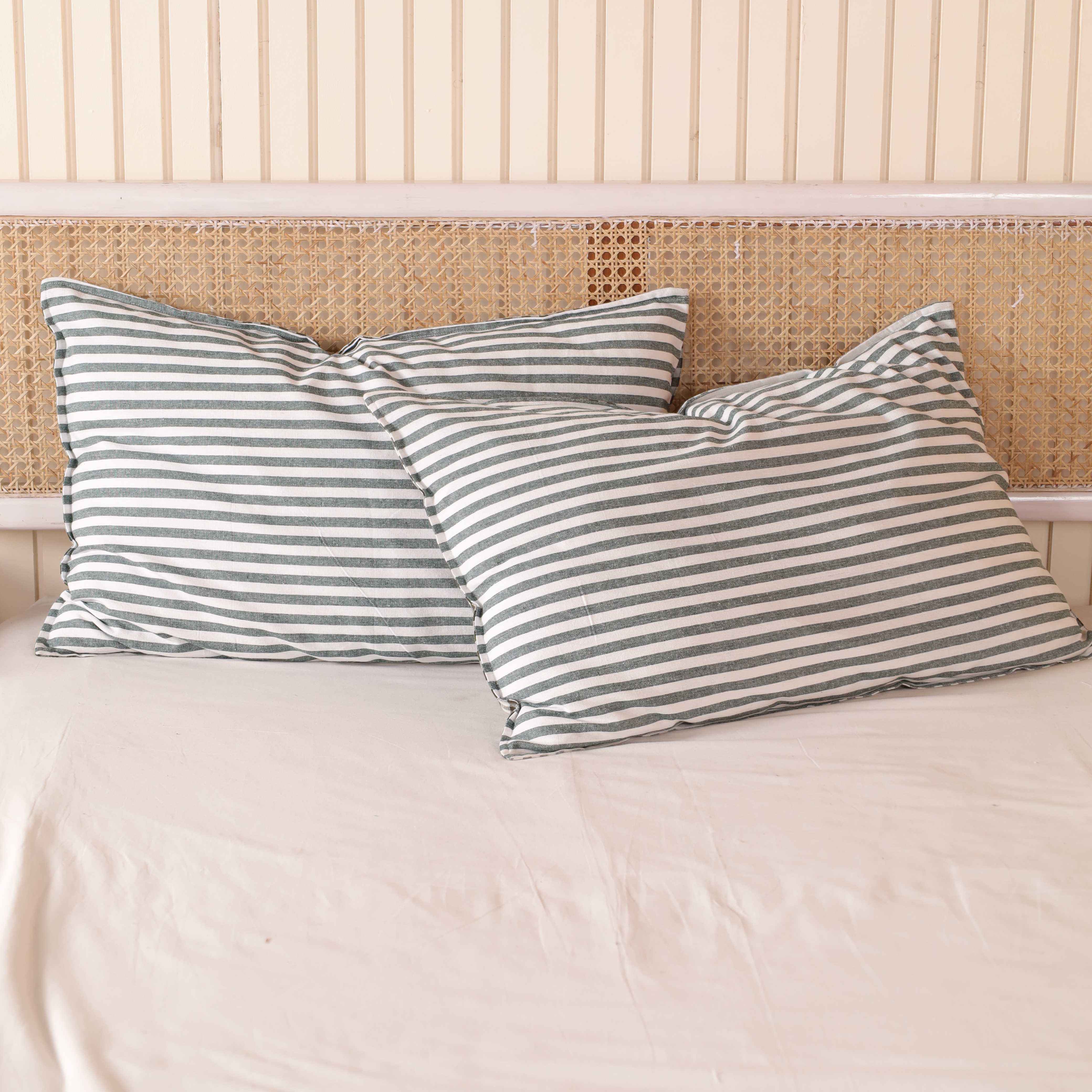 Sage Green Striped Cotton Bedding Set - Boho Duvet Cover & Shams