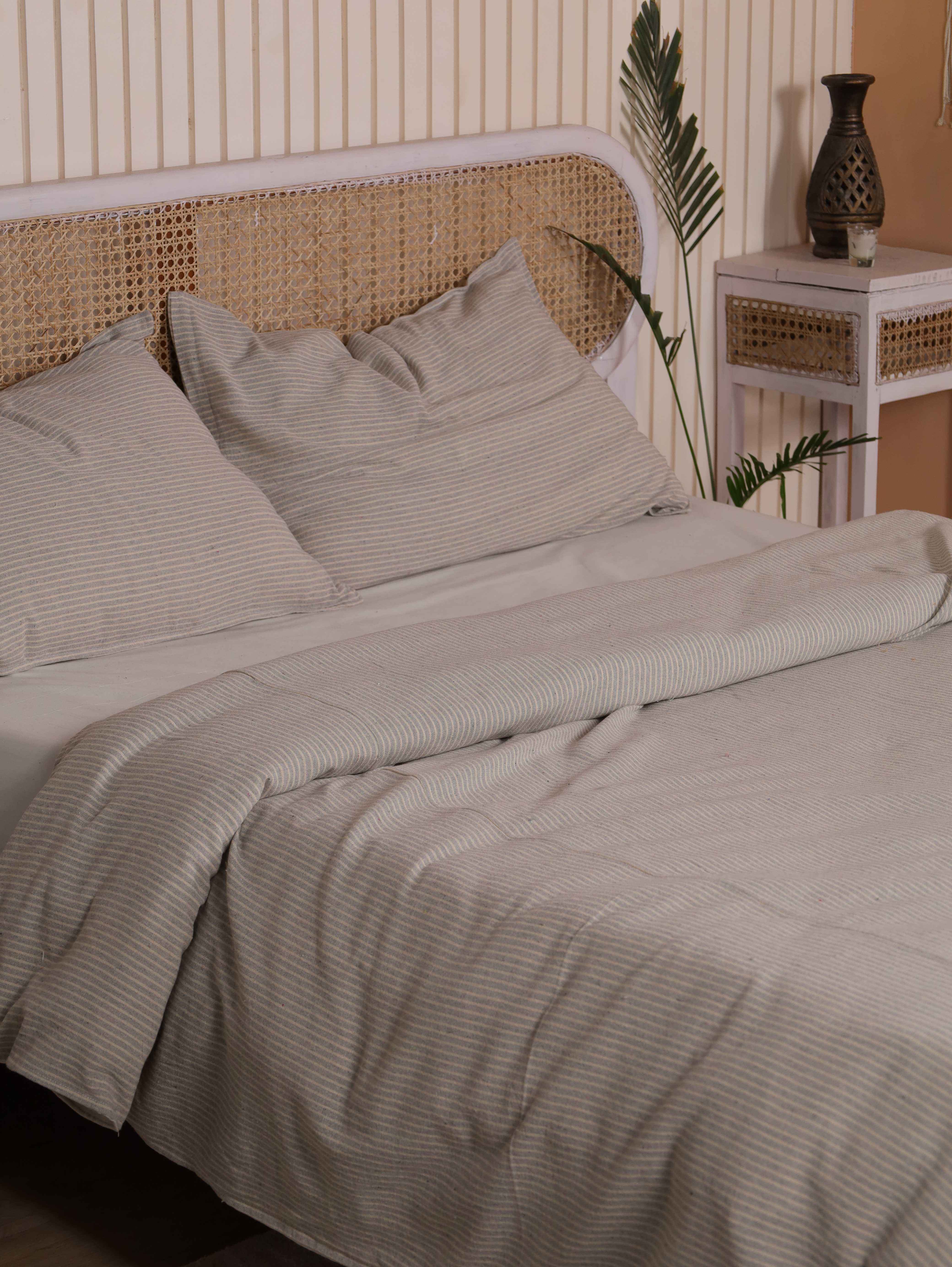 Light Grey Pinstripe Cotton Duvet Set - Neutral Striped Bedding