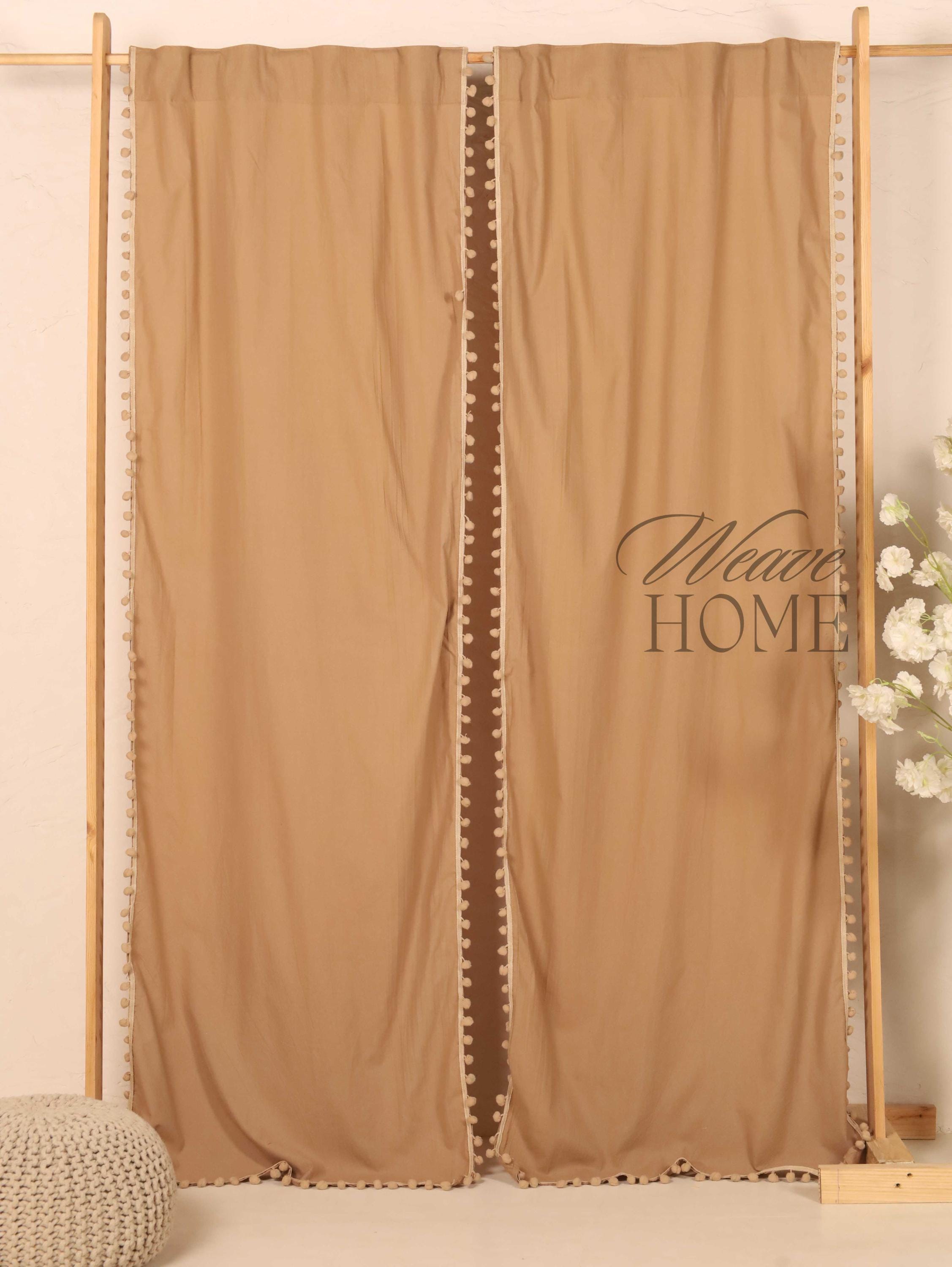 Bohemian Beige Cotton Curtains with Pom-Pom Fringes – 2 Panels, Custom Size