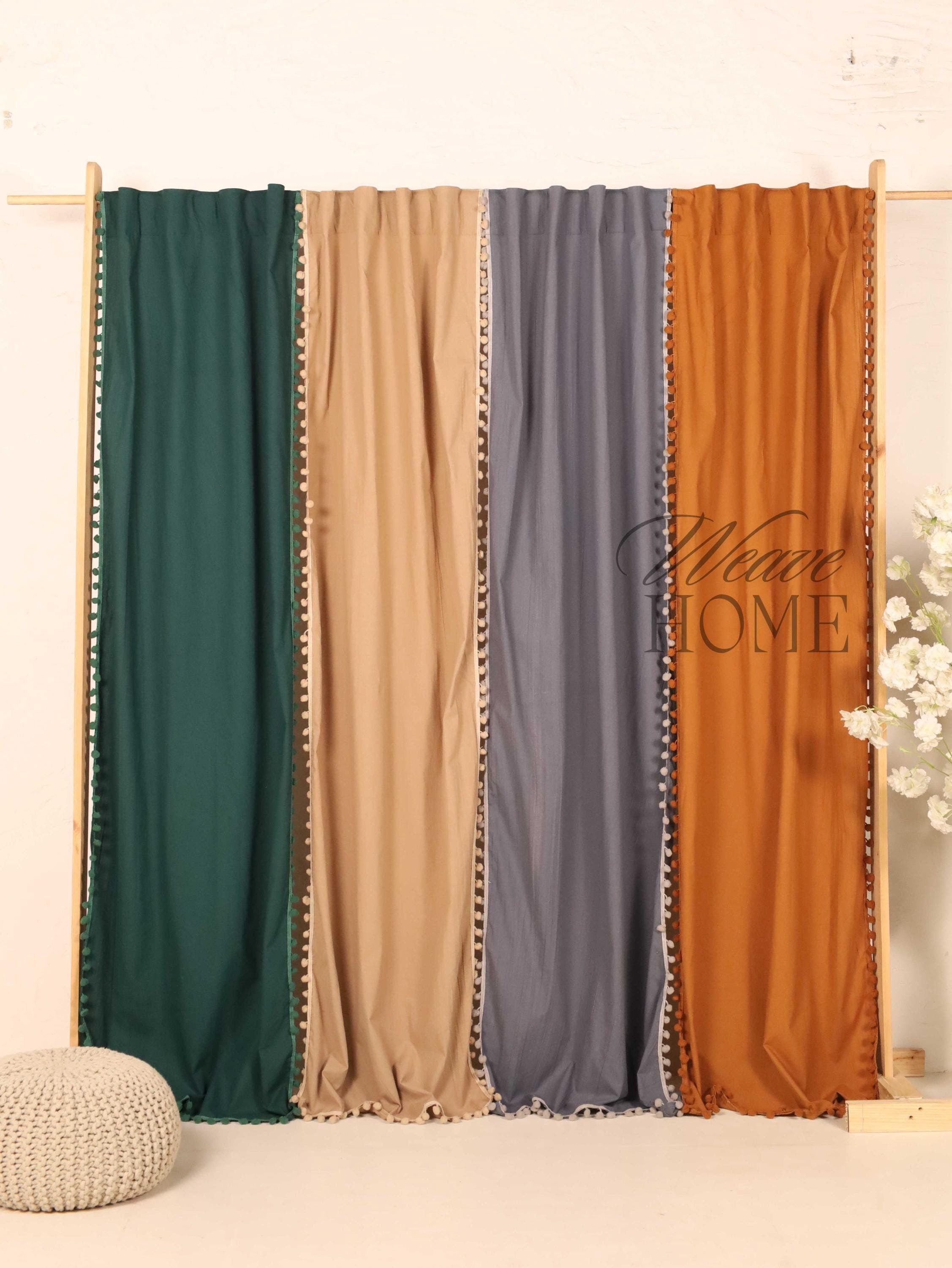 Bohemian Beige Cotton Curtains with Pom-Pom Fringes โ 2 Panels, Custom Size