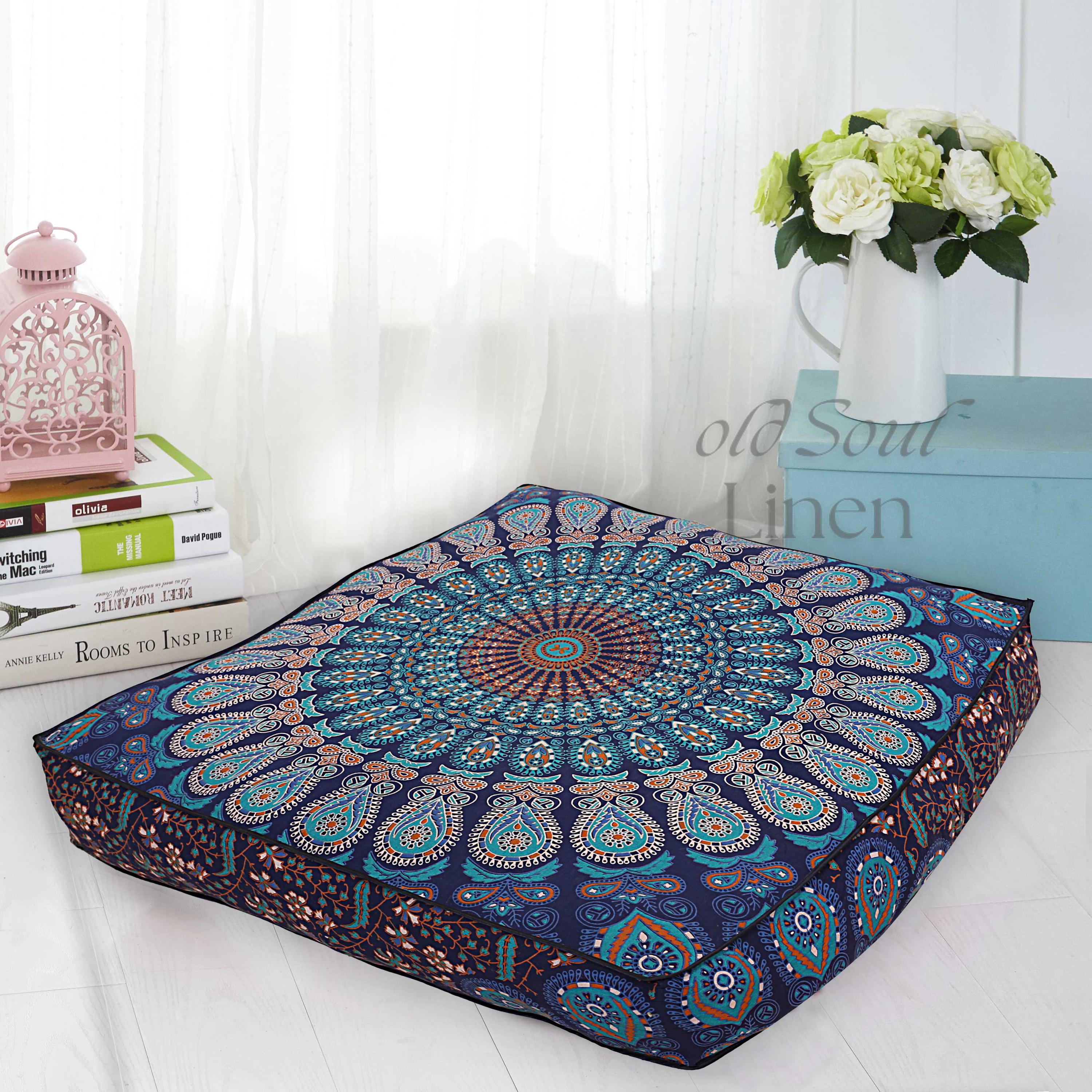 Meditation Cushion, Bohemian Pouffe Mandala Floor Cushion Cover Square Floor Seating Pillow Cover Room Home Décor Yoga Meditation 35"