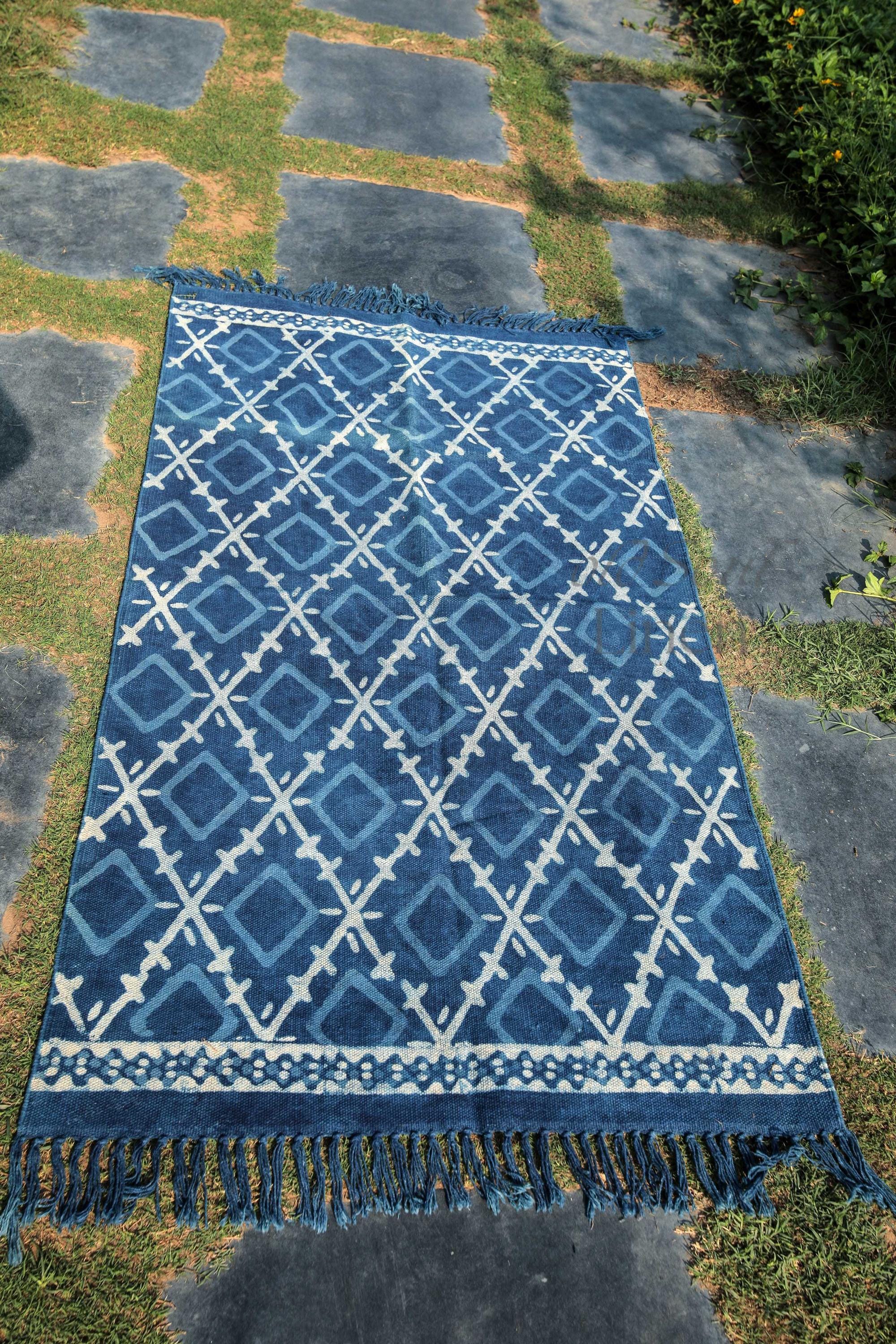 Luxury Handmade Indian Rug, Hand Block Printed Rug, Hand woven Rug, Indigo Dhurrie Rug, Large Area Rug, Outdoor/Indoor Rugs