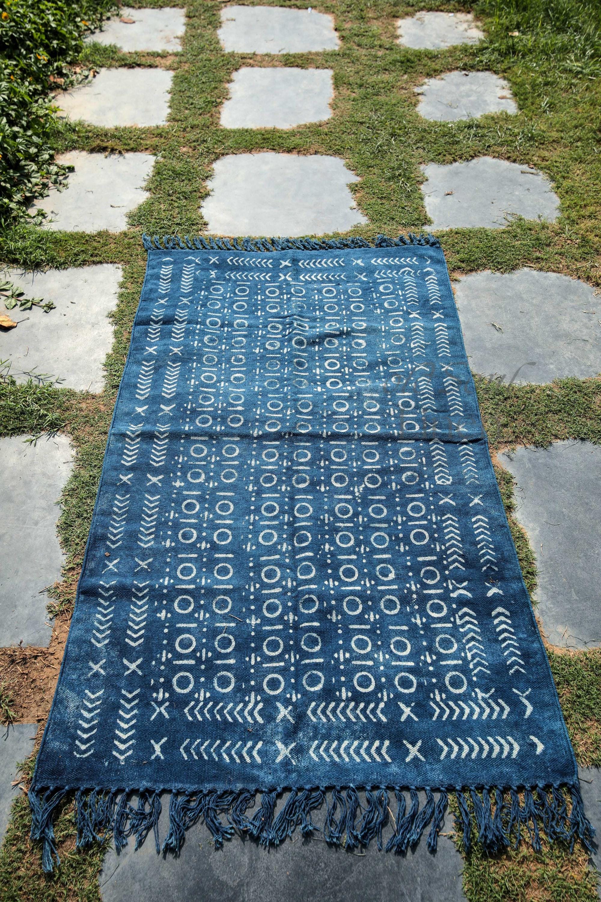 Luxury Handmade Indian Rug, Hand Block Printed Rug, Hand woven Rug, Indigo Dhurrie Rug, Large Area Rug, Outdoor/Indoor Rugs