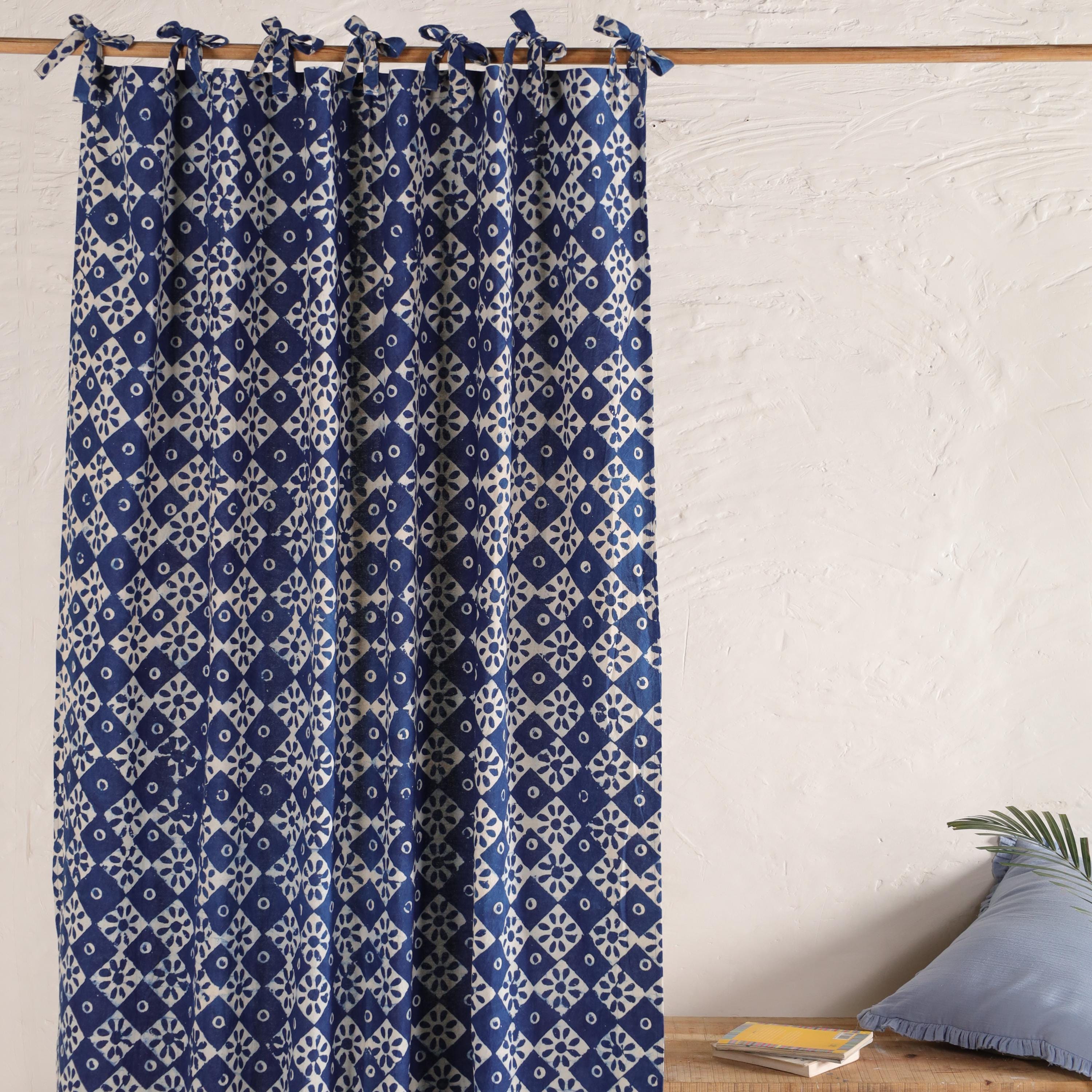Bohemian Indigo Blue Block Printed Curtains (2 Panels) โ Handmade for Bedroom, Kitchen, Office