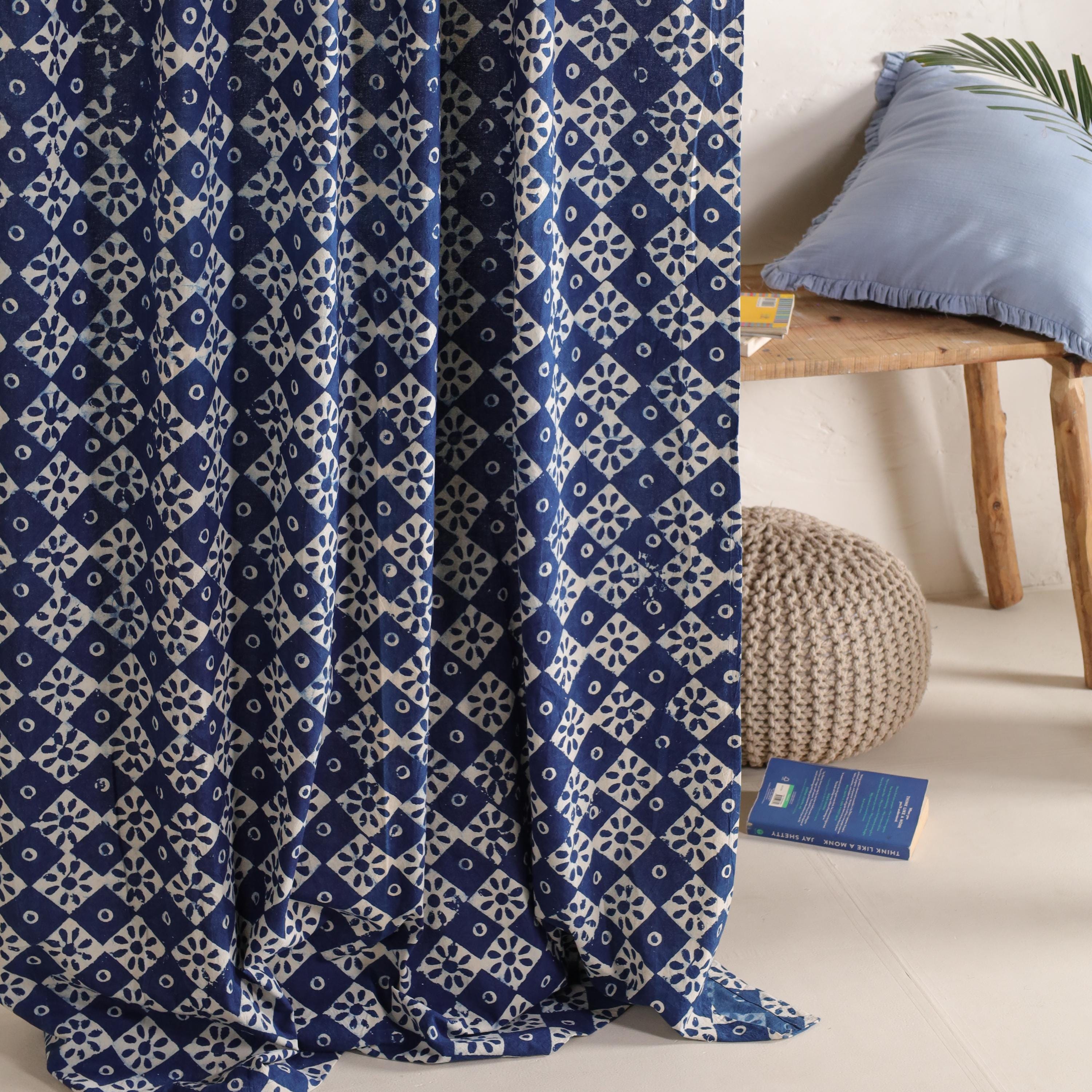 Bohemian Indigo Blue Block Printed Curtains (2 Panels) โ Handmade for Bedroom, Kitchen, Office