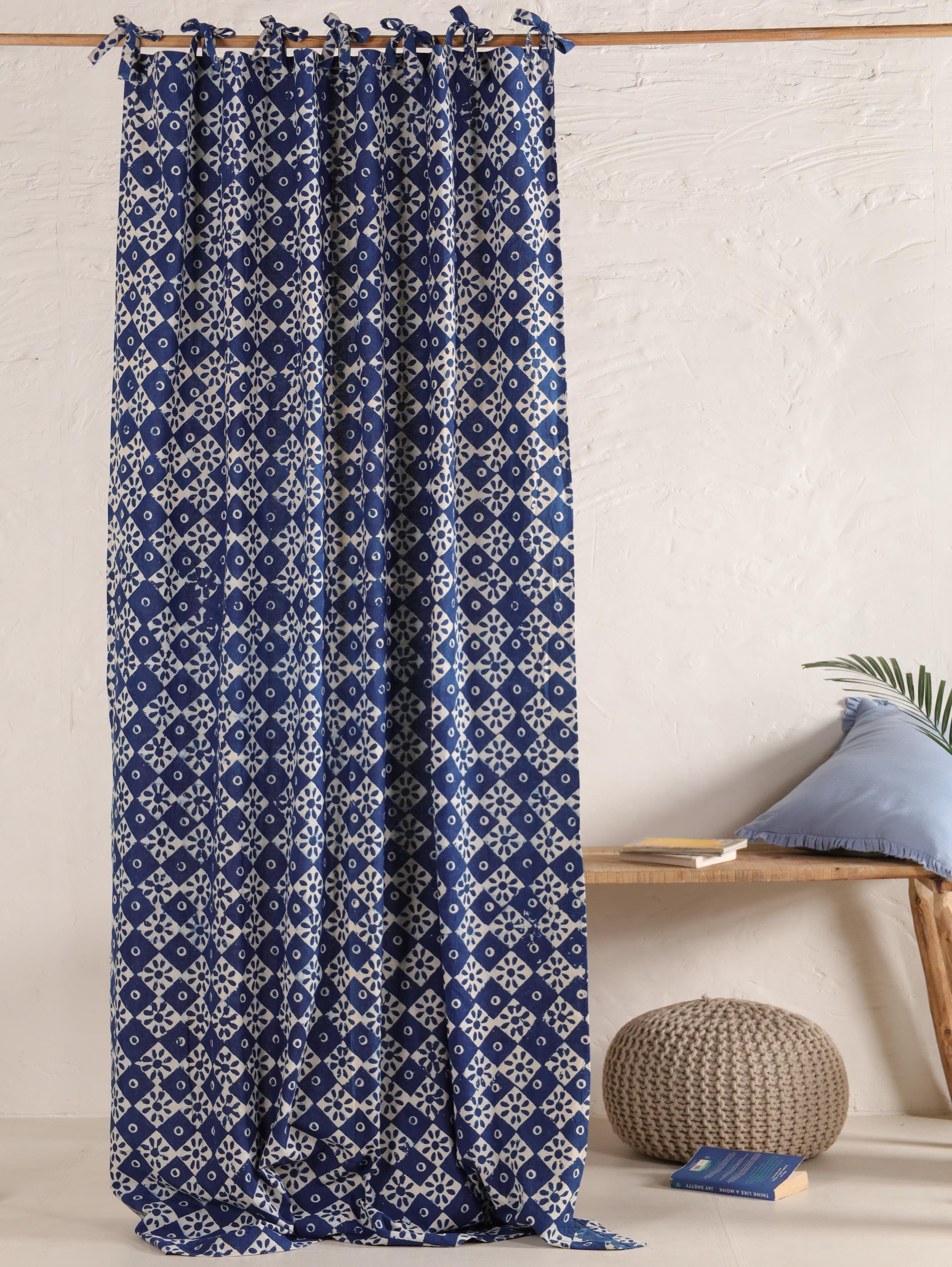 Bohemian Indigo Blue Block Printed Curtains (2 Panels) – Handmade for Bedroom, Kitchen, Office