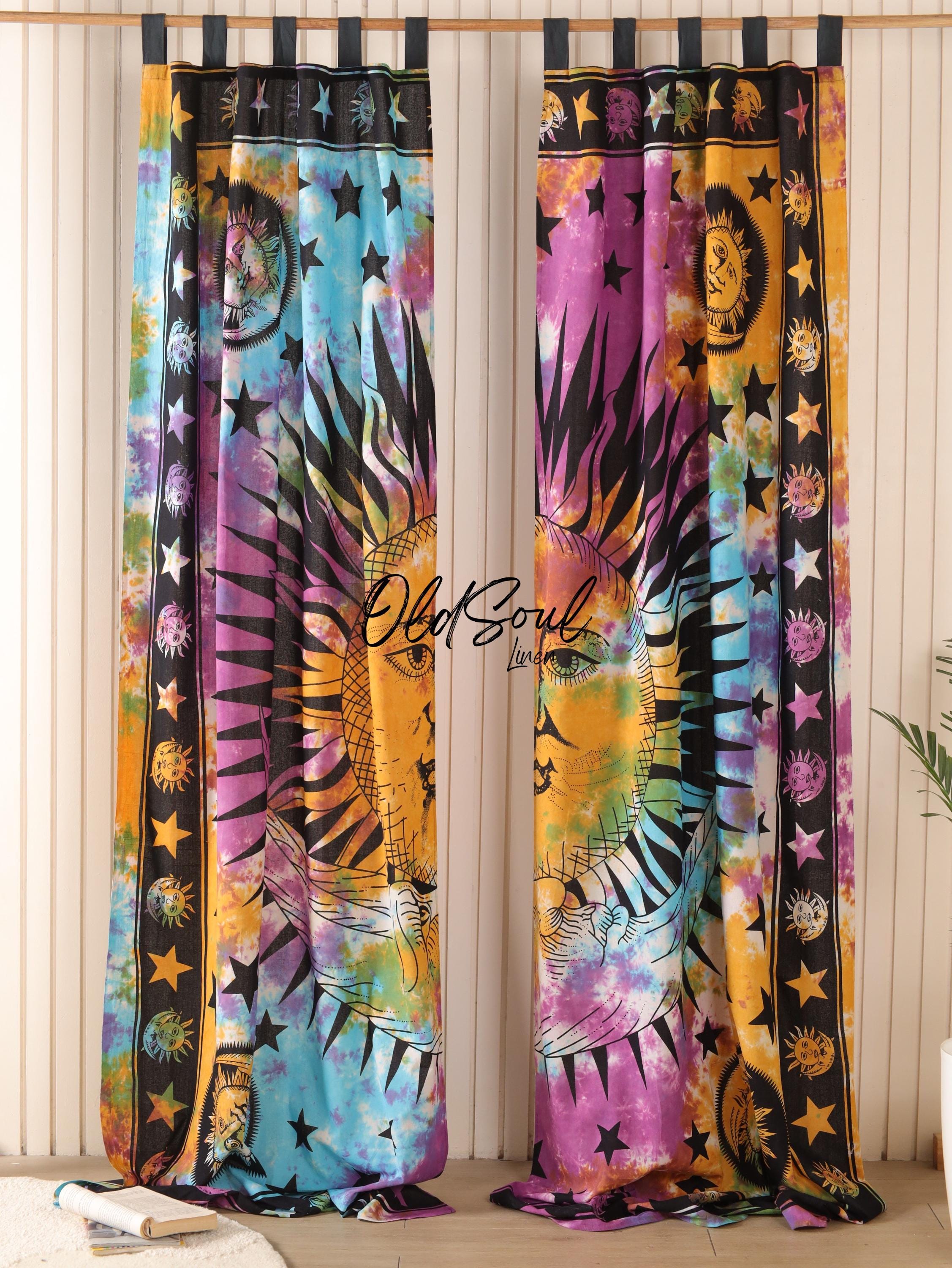 Psychedelic Sun & Moon Mandala Curtains, Bohemian Curtains, Curtains for Living Room Luxury, Tie Top Curtains, Shower Curtains Boho Set of 2