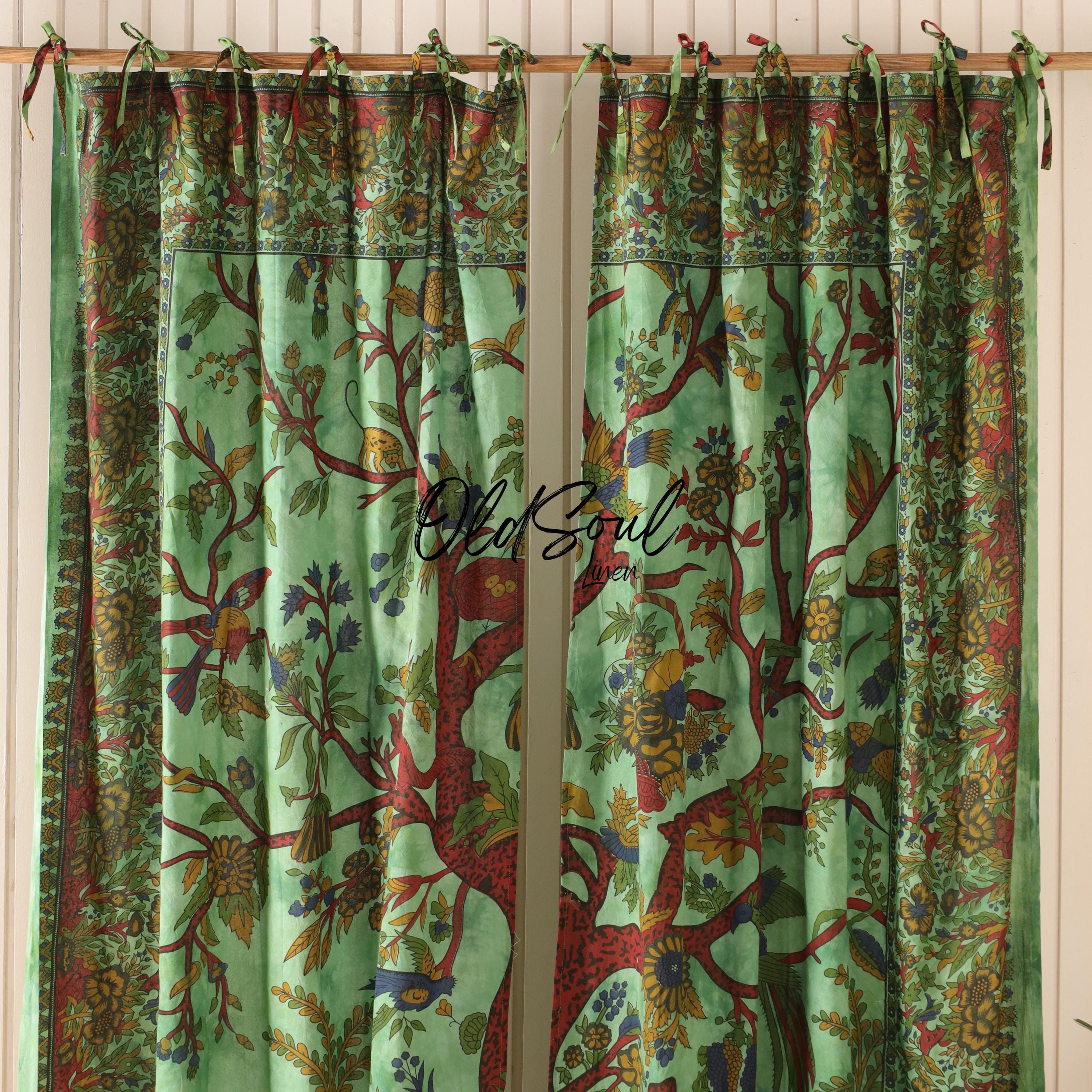 Tree of Life Peepal Green Boho Curtains - Set of 2 Tie Top Panels