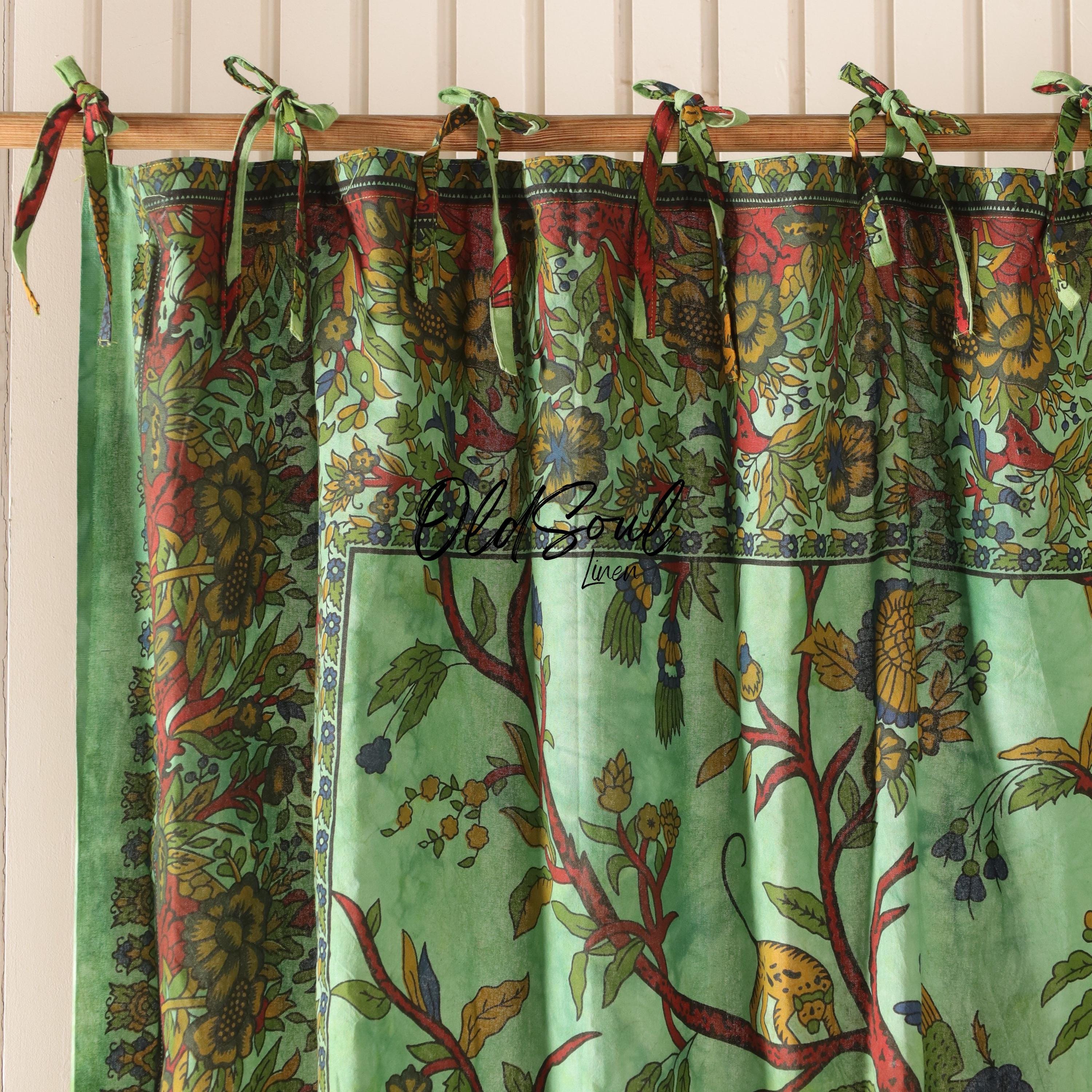 Tree of Life Peepal Green Boho Curtains - Set of 2 Tie Top Panels