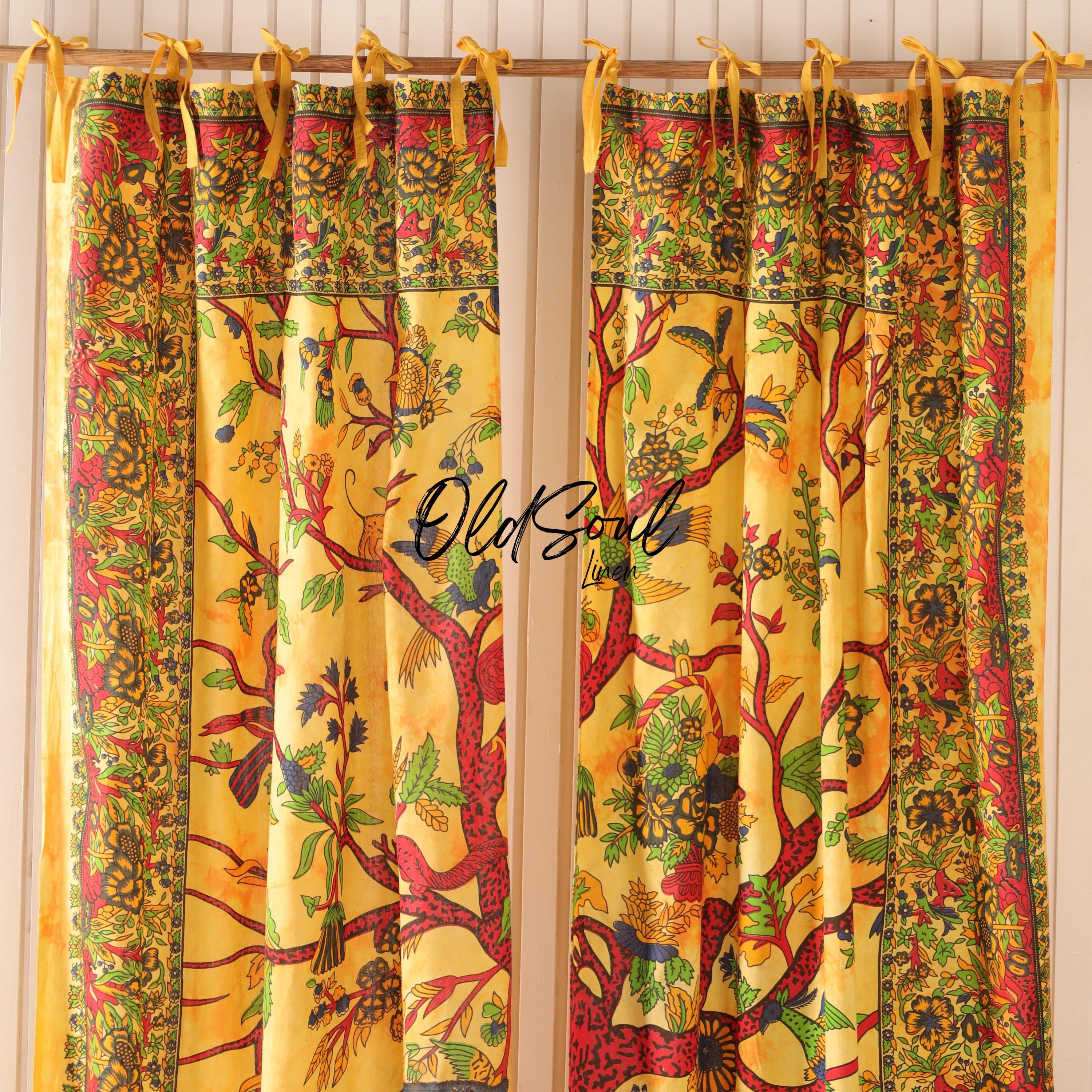 Yellow Tree Of Life Curtains, Curtains for Living Room, Handmade Curtains, Cotton Sheer Curtain, Window Treatments Panel Set of 2