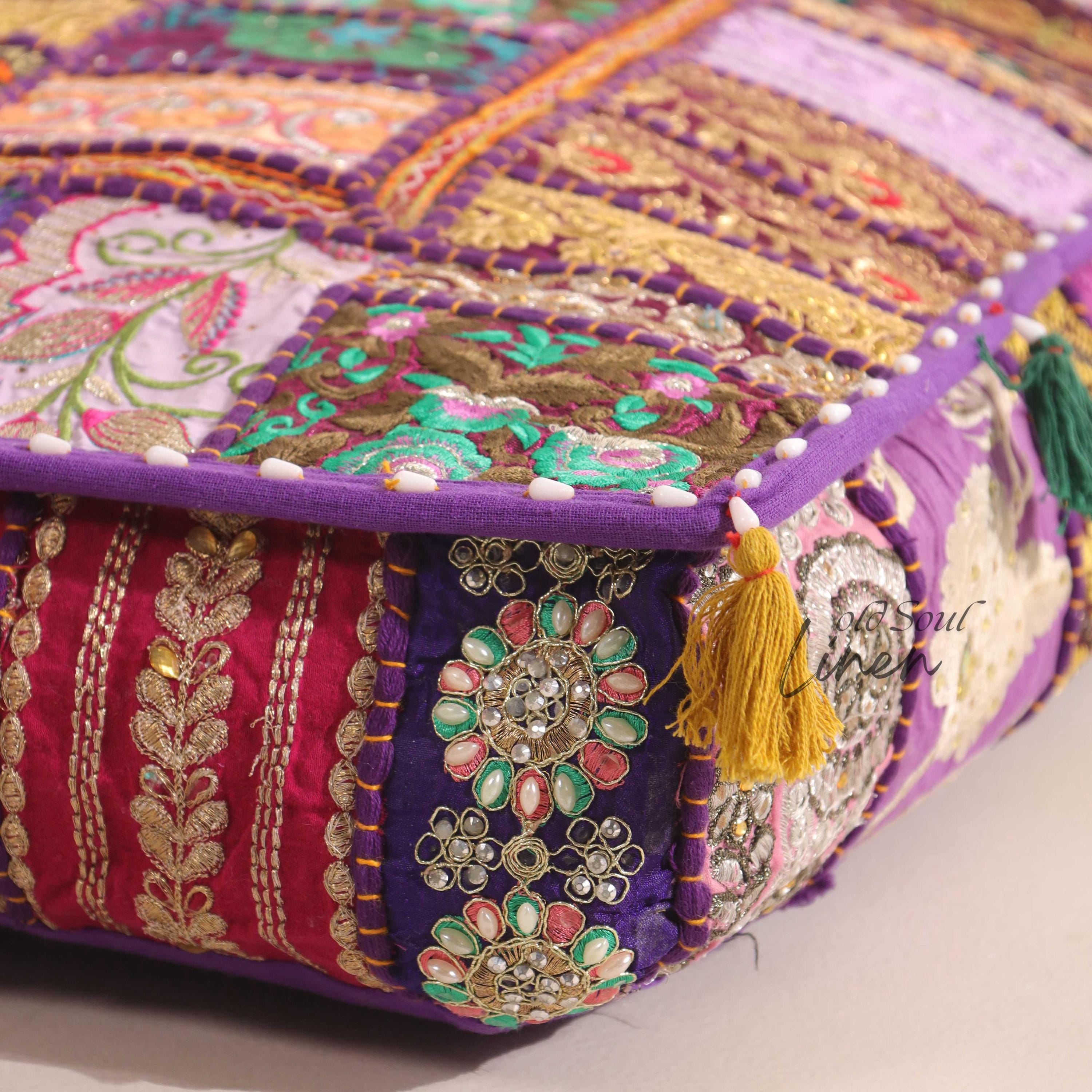 Luxury Floor Cushion Cover, Patchwork Floor Seating Cover, Decorative Throw Pillow, Boho Hippie Décor, Cover Only, 35x35"