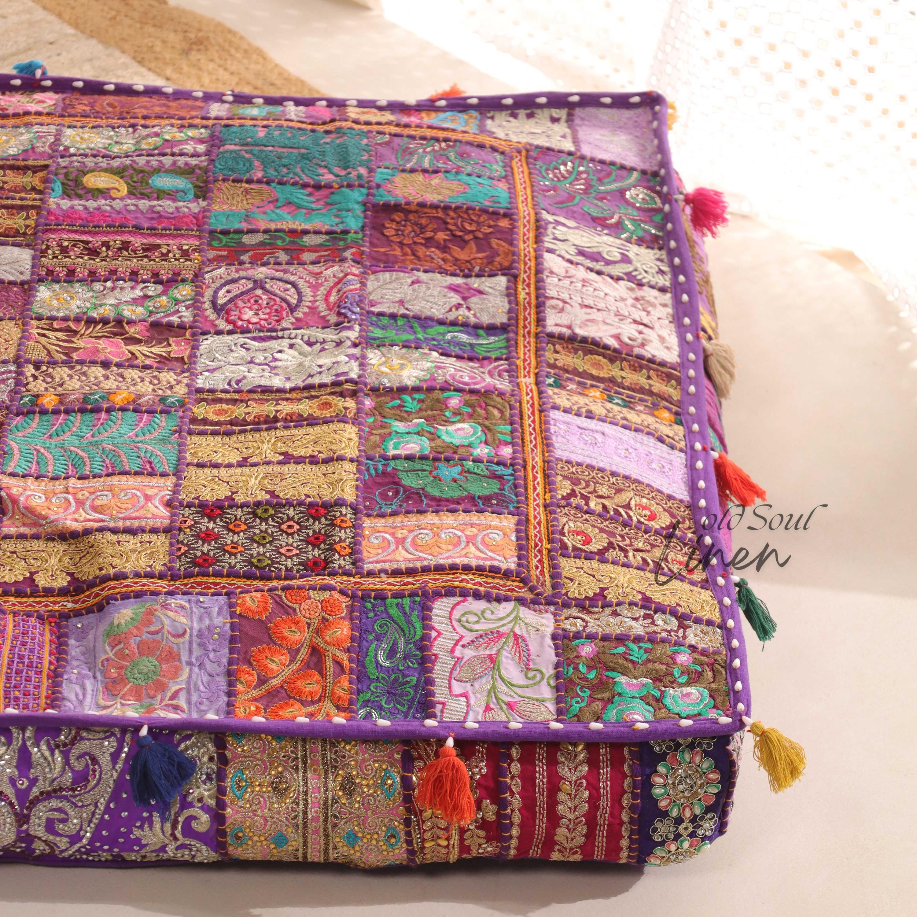 Luxury Floor Cushion Cover, Patchwork Floor Seating Cover, Decorative Throw Pillow, Boho Hippie Décor, Cover Only, 35x35"