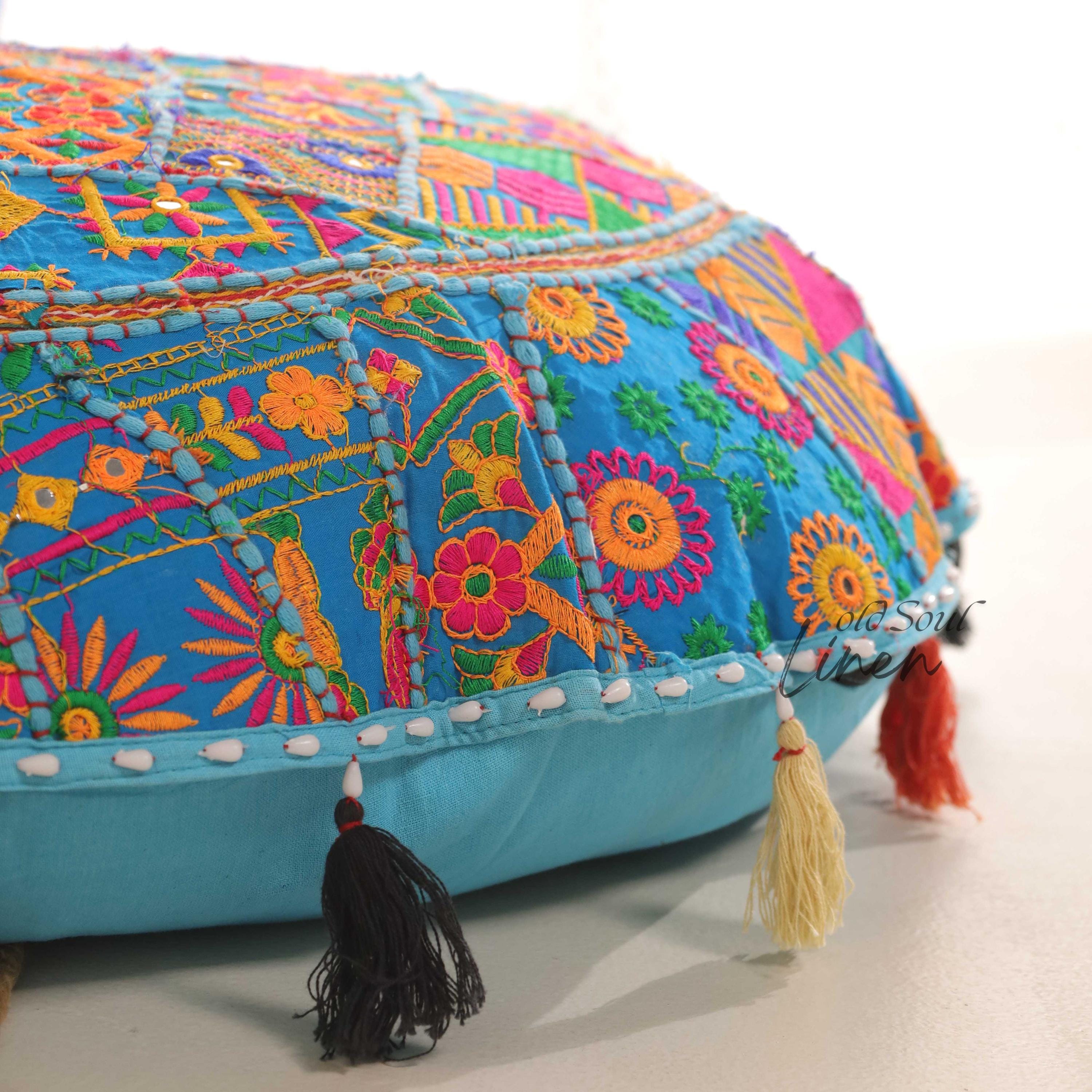 Meditation Round Floor Cushion Cover, Decorative Patchwork Pillow Throw, Sofa Sham Décor, Pet Bed Seating, Turquoise Round Floor Pouf 32"