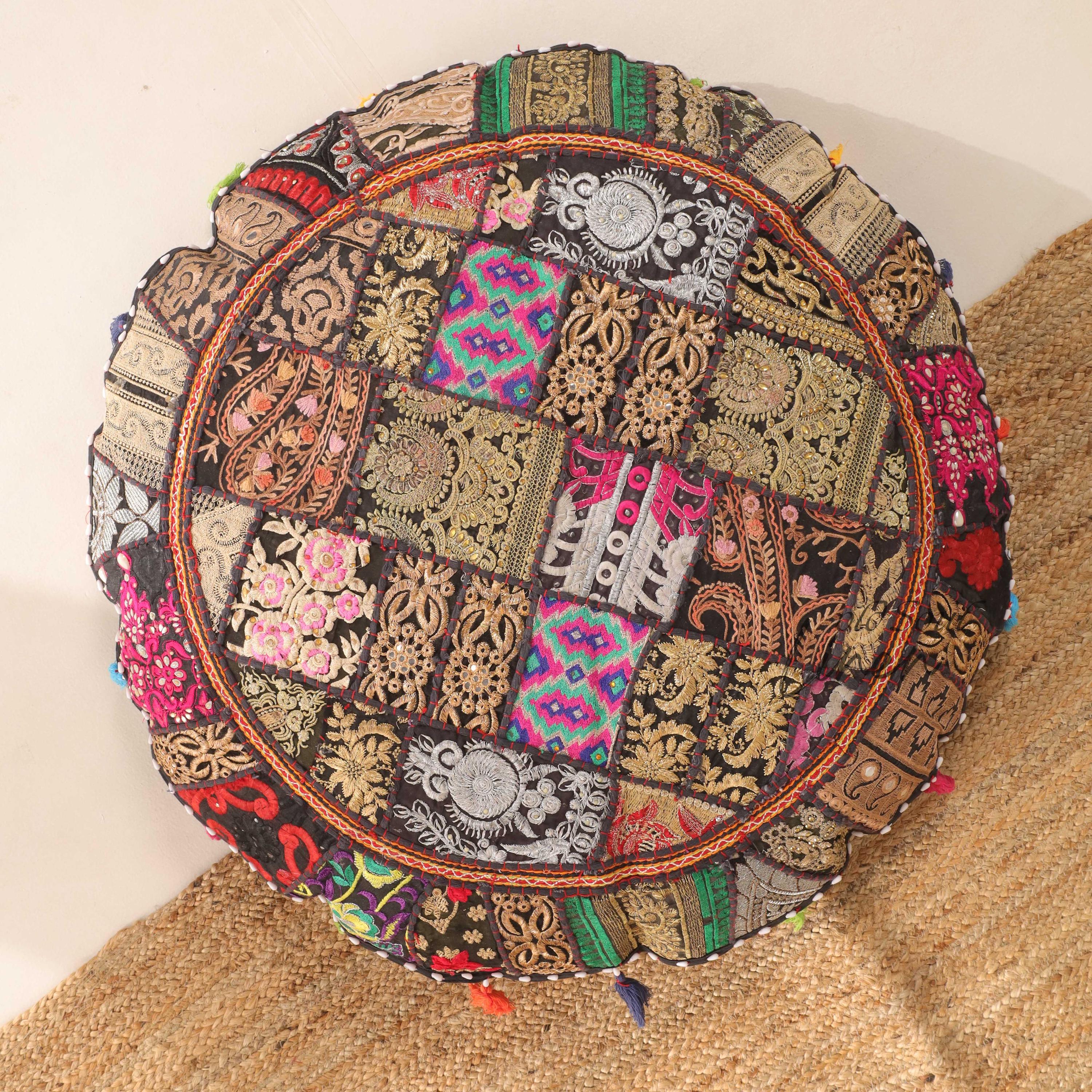 Patchwork Handmade Indian Cushion Cover, Embroidered Pillow Cover, Eco-friendly, Hippie Floor Seating, Floor Seat Cushion, Bean Bag Cover