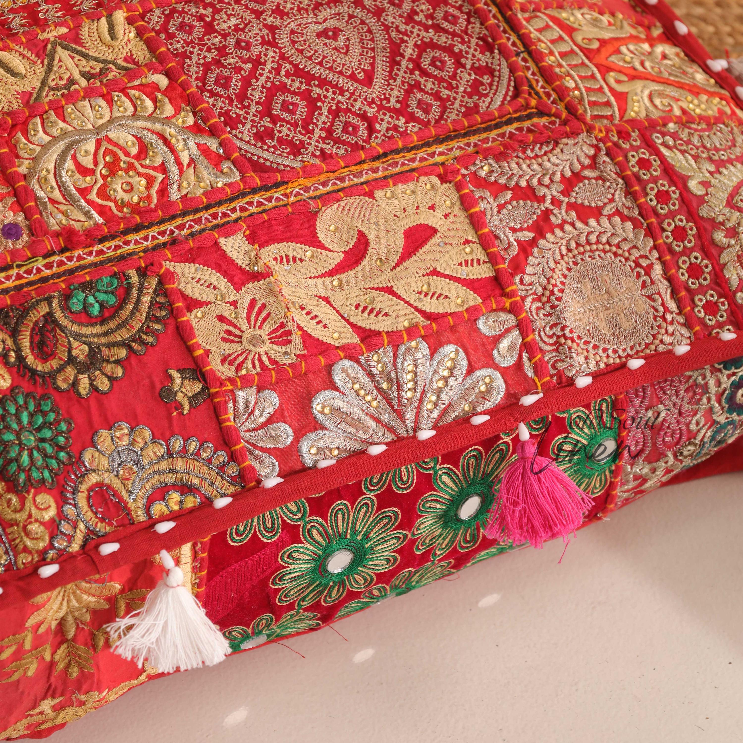 Square Floor Pillow Cover, Meditation Cushions, Patchwork Floor Pouf Seating, Decorative Cushions, Cover Only, Red, Size:-35x35"