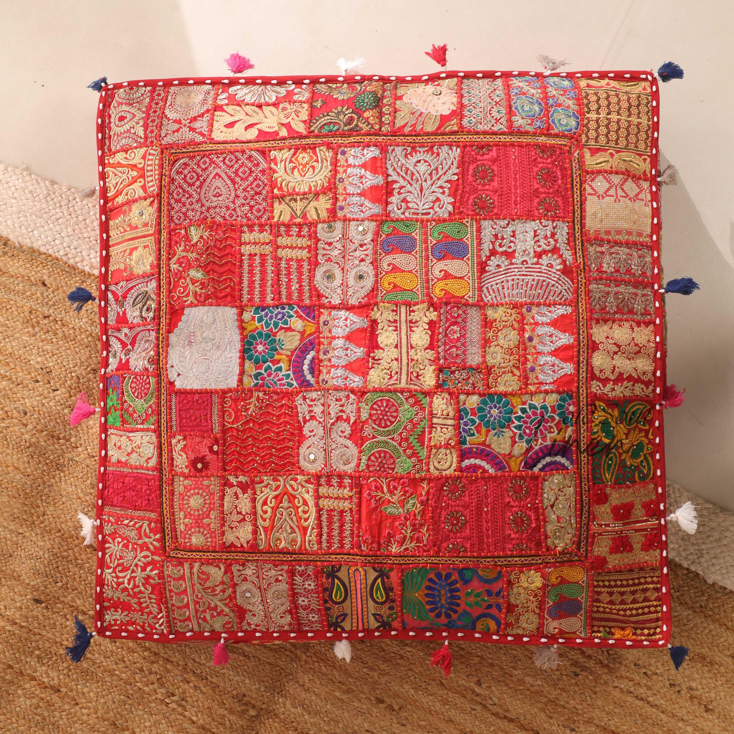Square Floor Pillow Cover, Meditation Cushions, Patchwork Floor Pouf Seating, Decorative Cushions, Cover Only, Red, Size:-35x35"