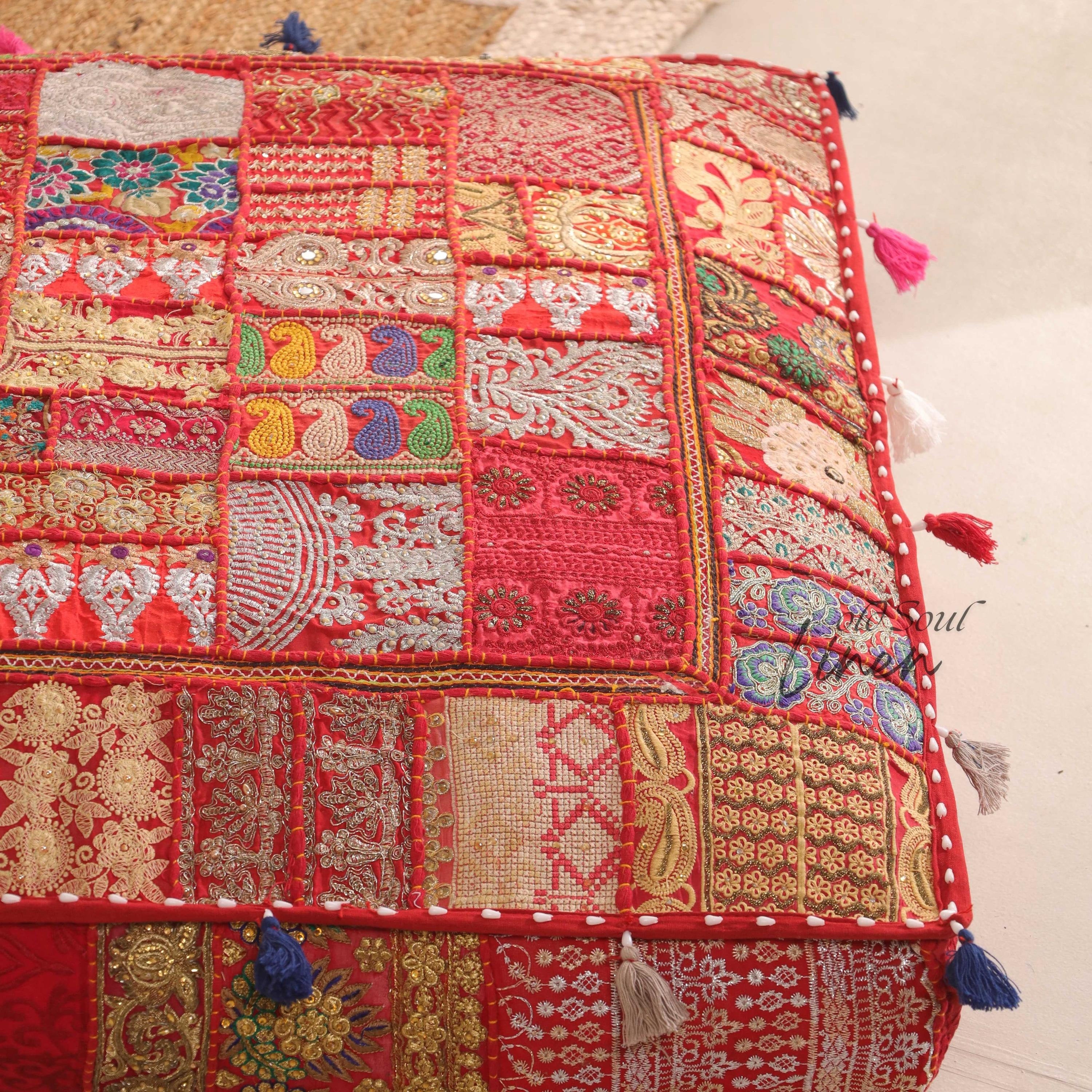 Square Floor Pillow Cover, Meditation Cushions, Patchwork Floor Pouf Seating, Decorative Cushions, Cover Only, Red, Size:-35x35"