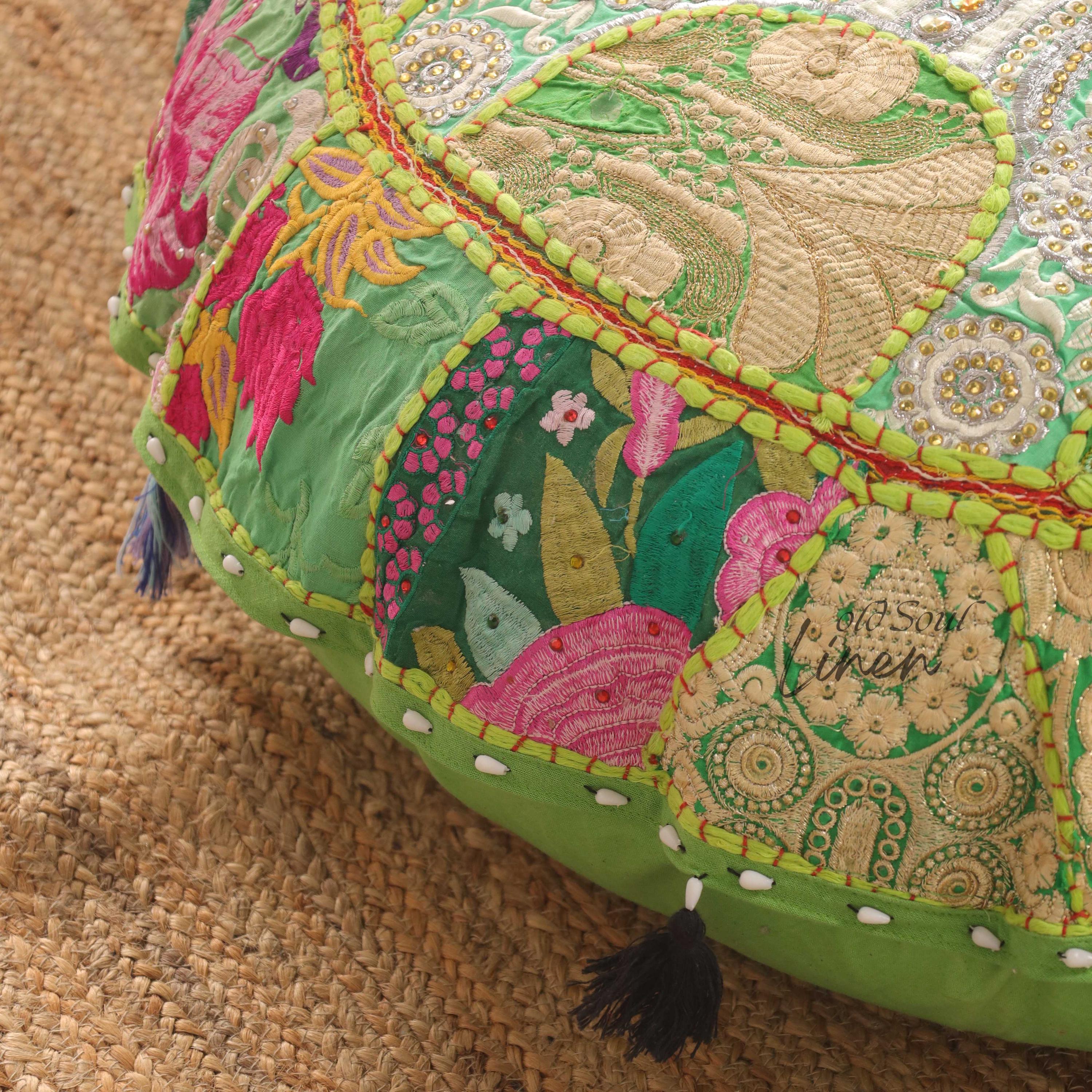 Patchwork Round Handmade Cushion Cover, Embroidered Floor Pillow Cover, Boho Floor Seating, Meditation Cushion, Ottoman Round Pouf Stool 32"